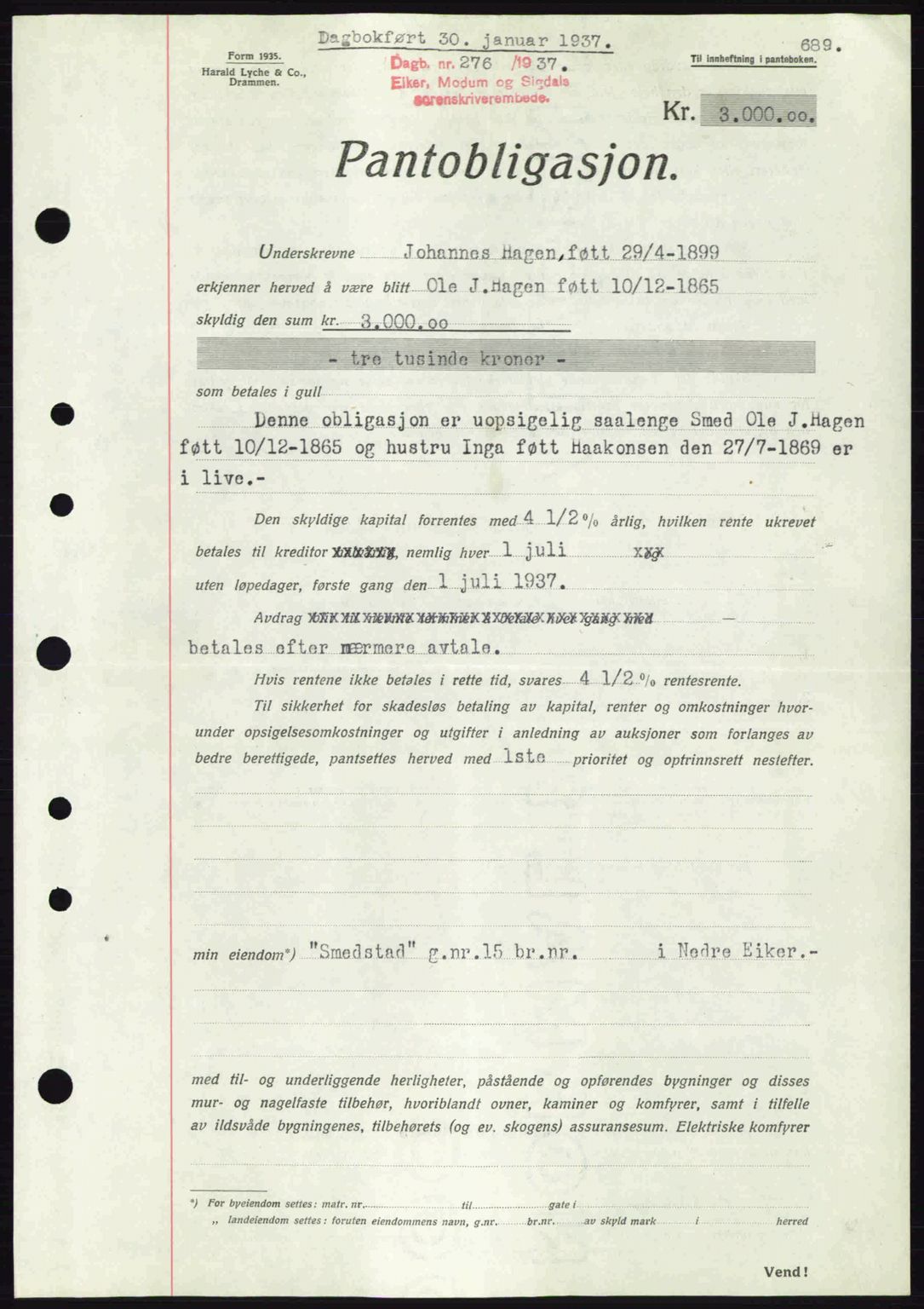 Eiker, Modum og Sigdal sorenskriveri, SAKO/A-123/G/Ga/Gab/L0034: Mortgage book no. A4, 1936-1937, Diary no: : 276/1937