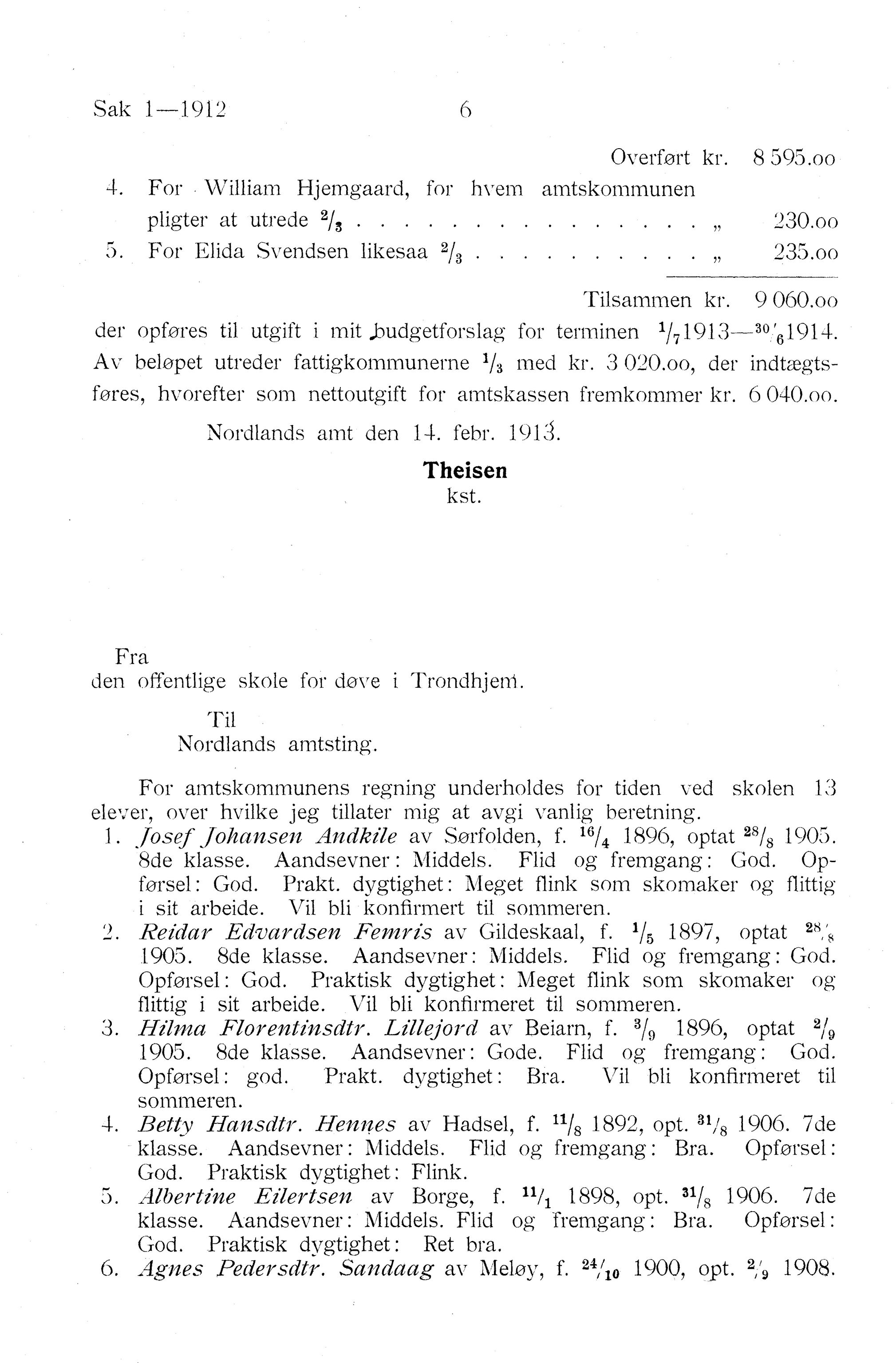 Nordland Fylkeskommune. Fylkestinget, AIN/NFK-17/176/A/Ac/L0036: Fylkestingsforhandlinger 1913, 1913