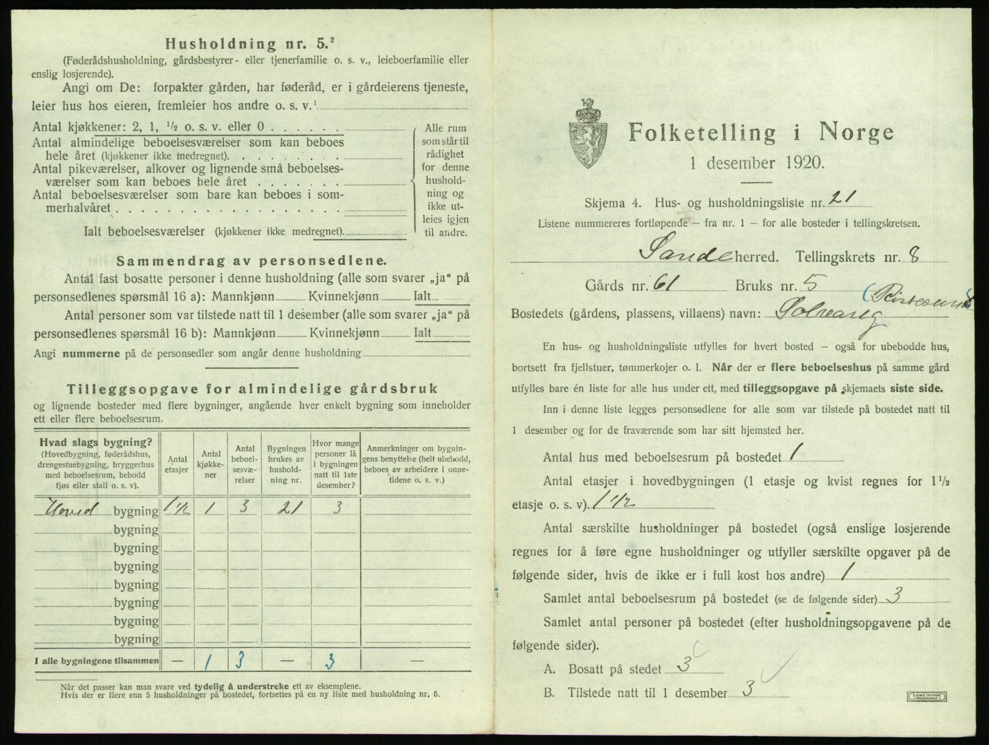 SAT, 1920 census for Sande (MR), 1920, p. 704