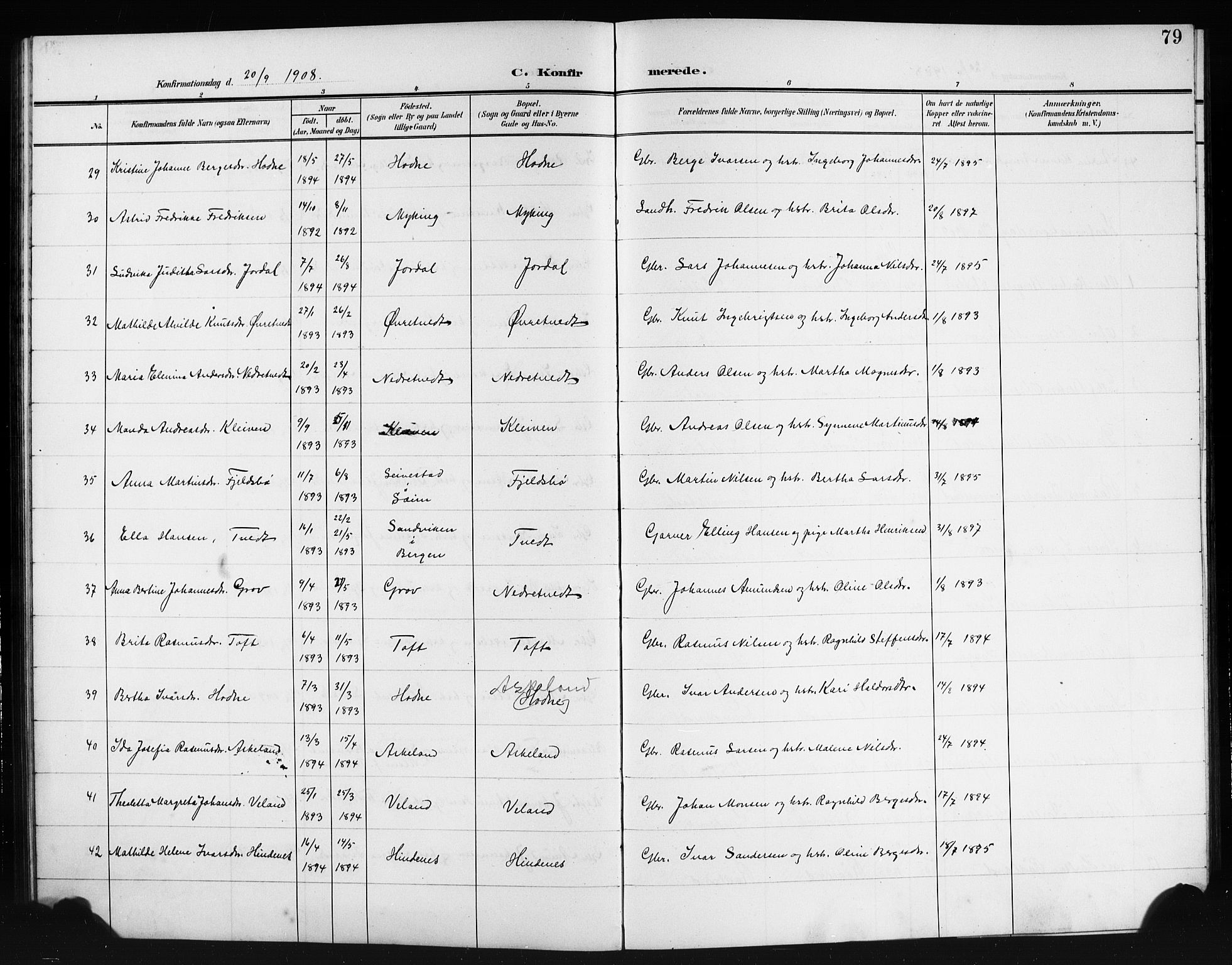 Lindås Sokneprestembete, AV/SAB-A-76701/H/Hab/Habe/L0004: Parish register (copy) no. E 4, 1906-1921, p. 79