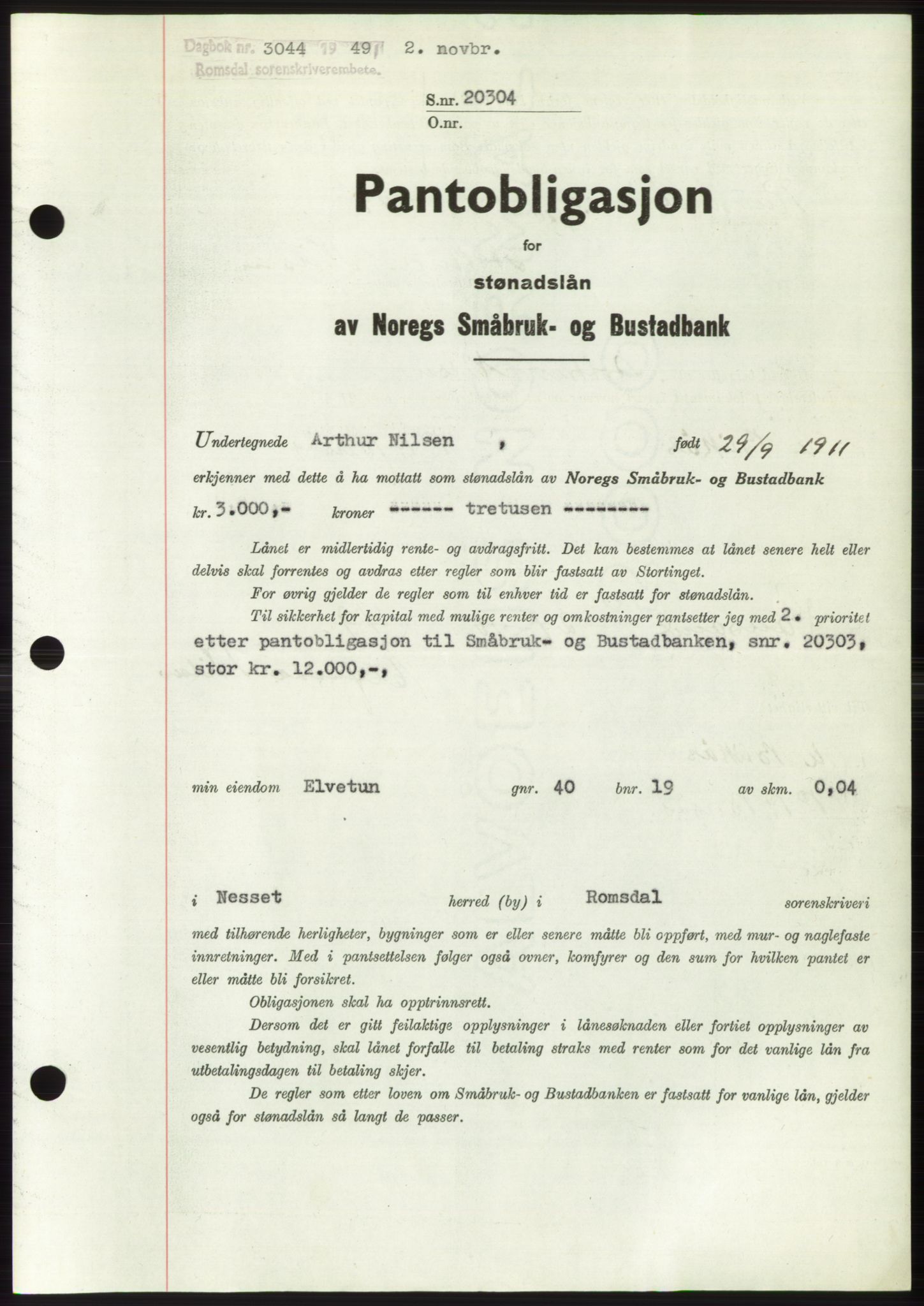 Romsdal sorenskriveri, AV/SAT-A-4149/1/2/2C: Mortgage book no. B5, 1949-1950, Diary no: : 3044/1949