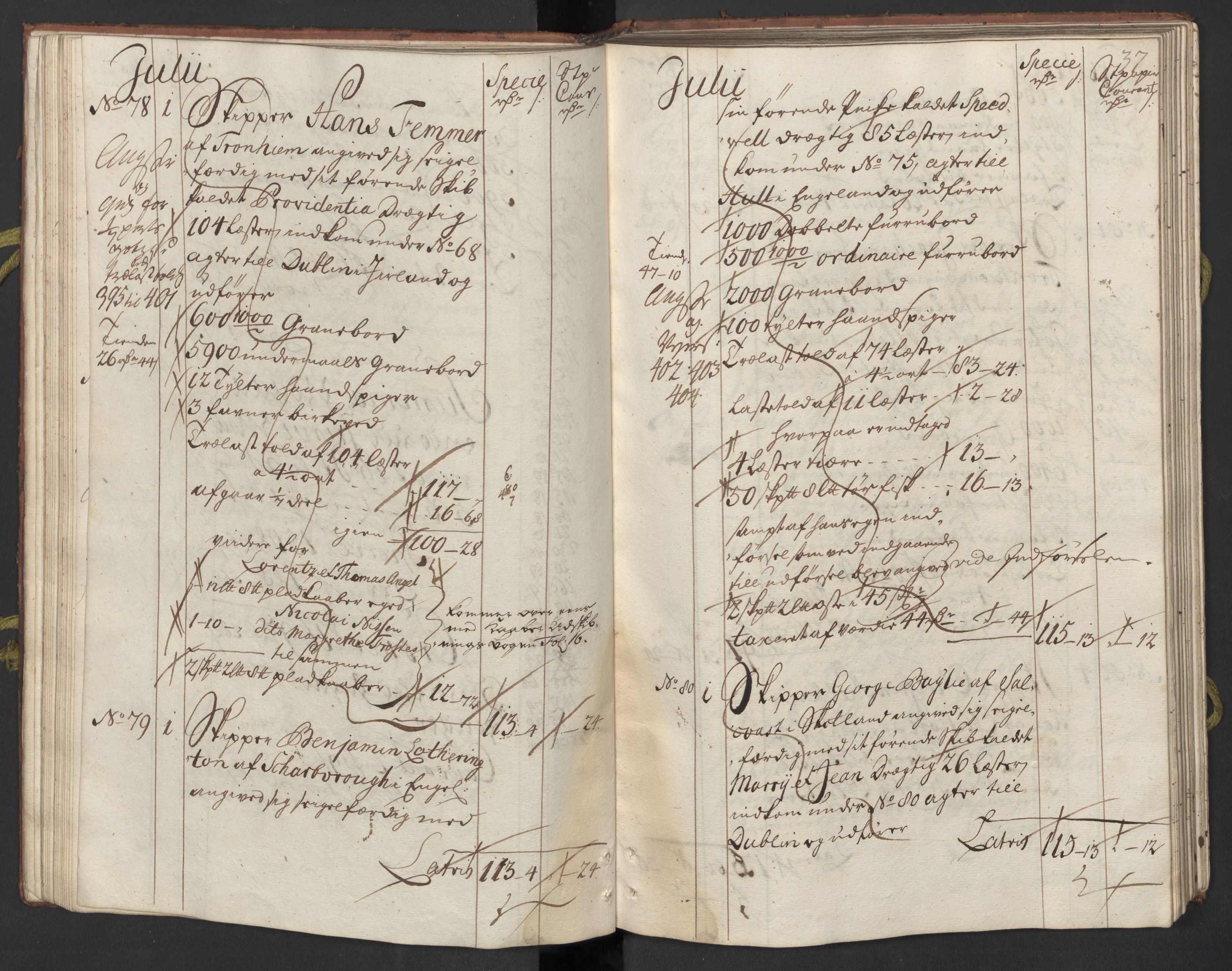 Generaltollkammeret, tollregnskaper, AV/RA-EA-5490/R33/L0015/0002: Tollregnskaper Trondheim A / Utgående tollbok, 1733, p. 36b-37a