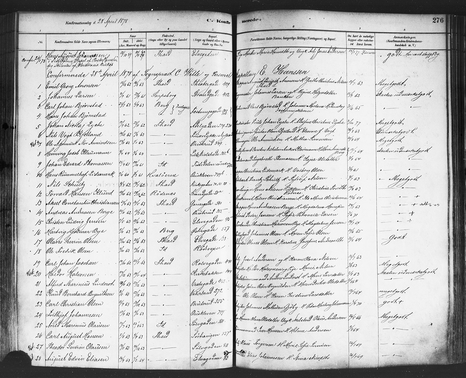 Halden prestekontor Kirkebøker, SAO/A-10909/F/Fa/L0011: Parish register (official) no. I 11, 1878-1889, p. 276