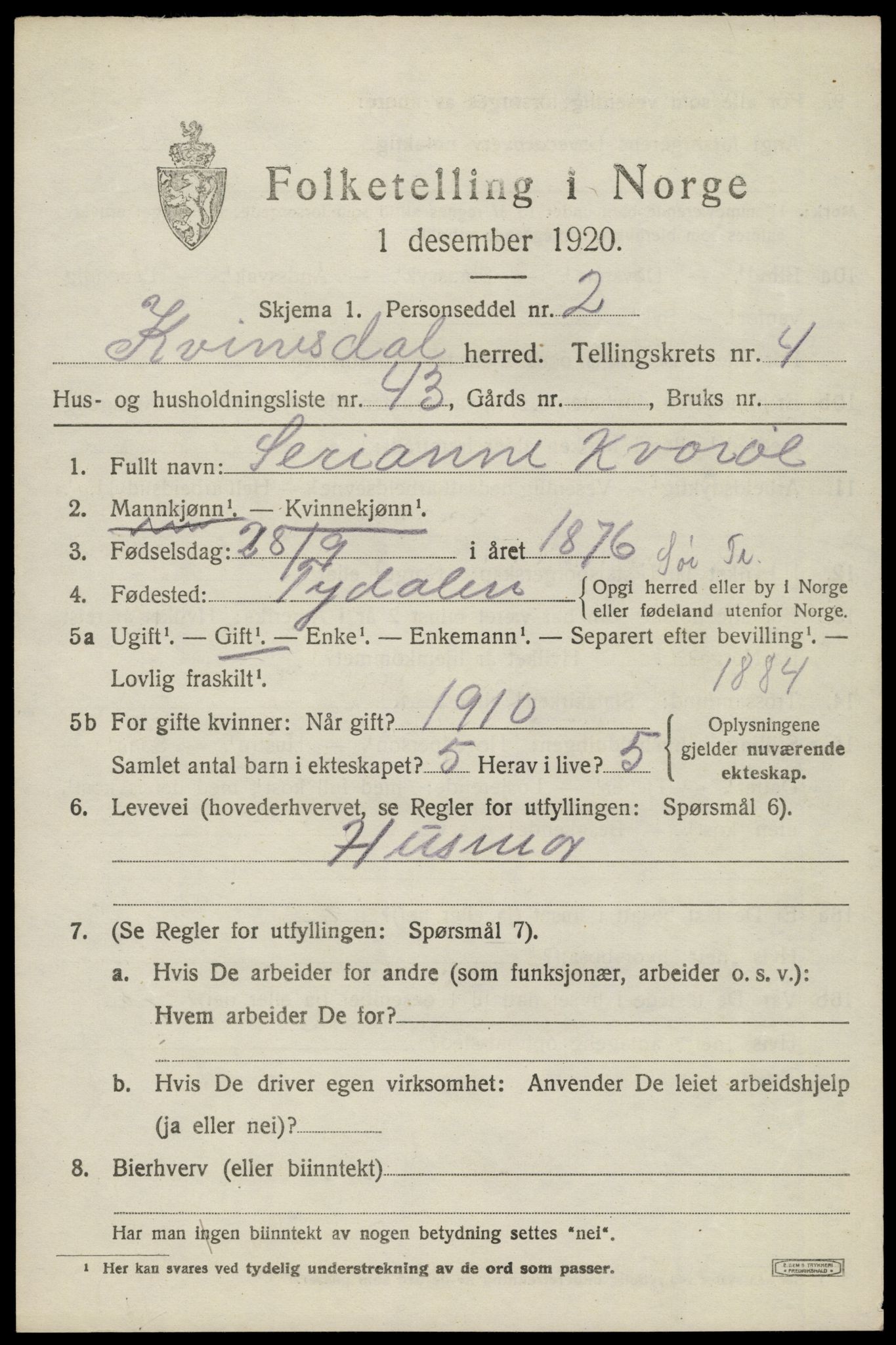 SAK, 1920 census for Kvinesdal, 1920, p. 4883