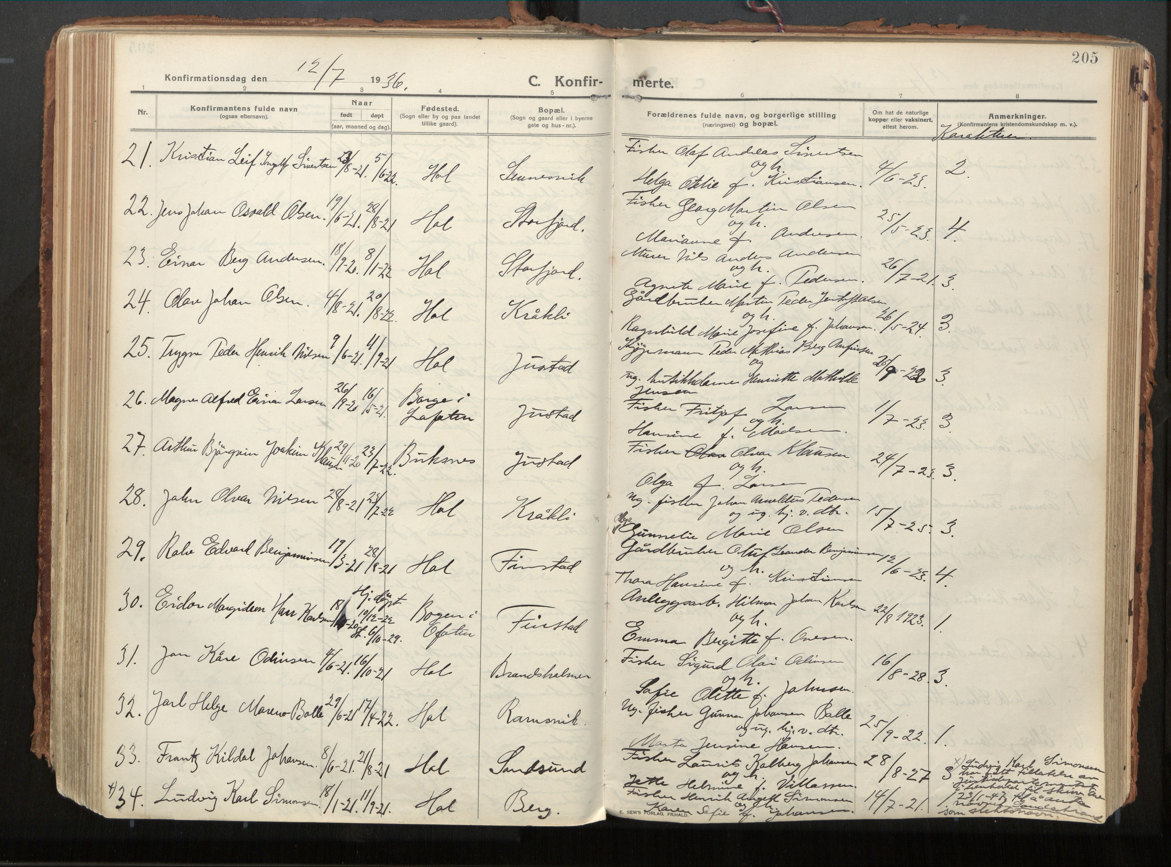 Ministerialprotokoller, klokkerbøker og fødselsregistre - Nordland, AV/SAT-A-1459/882/L1181: Parish register (official) no. 882A03, 1913-1937, p. 205