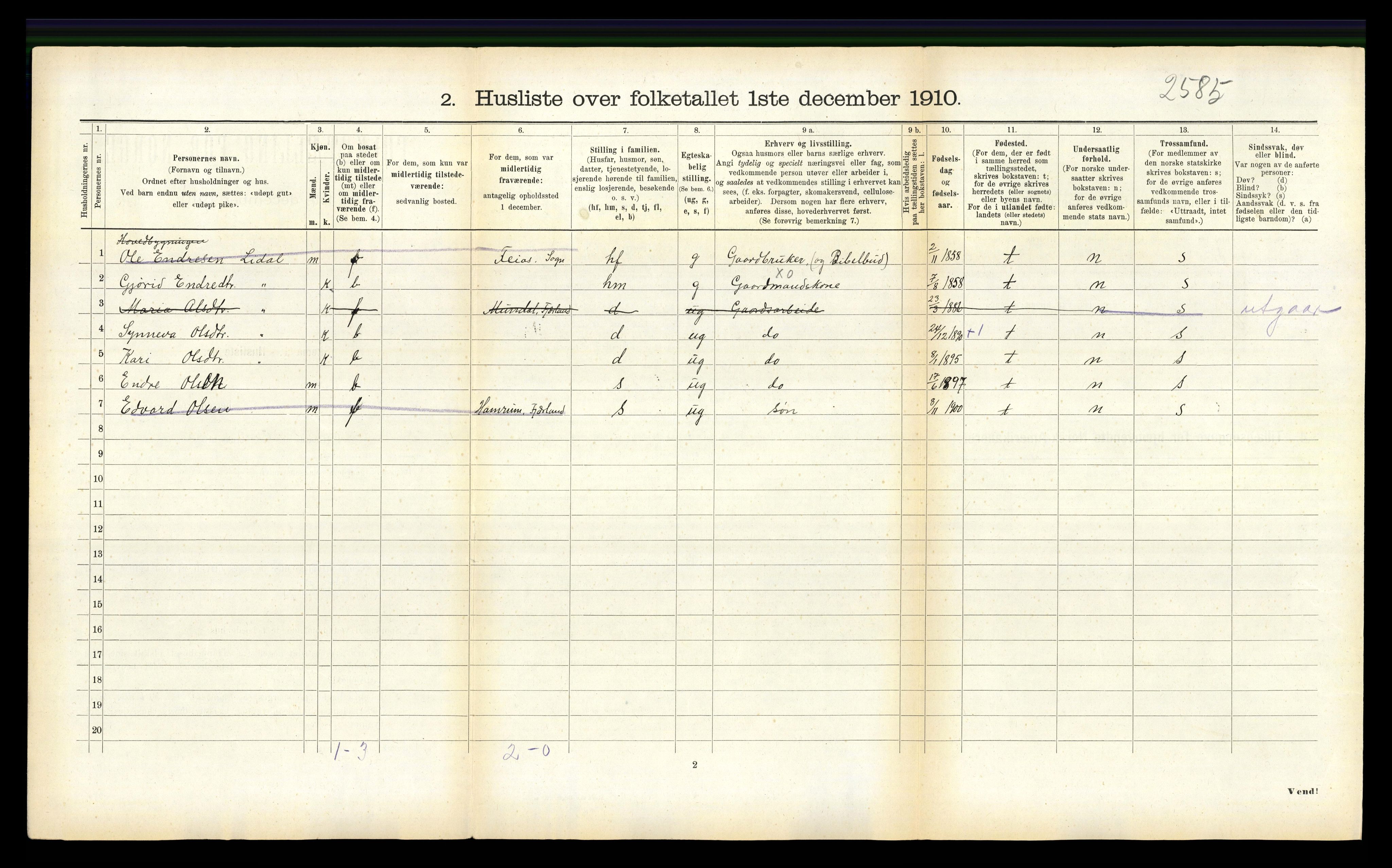 RA, 1910 census for Balestrand, 1910, p. 503