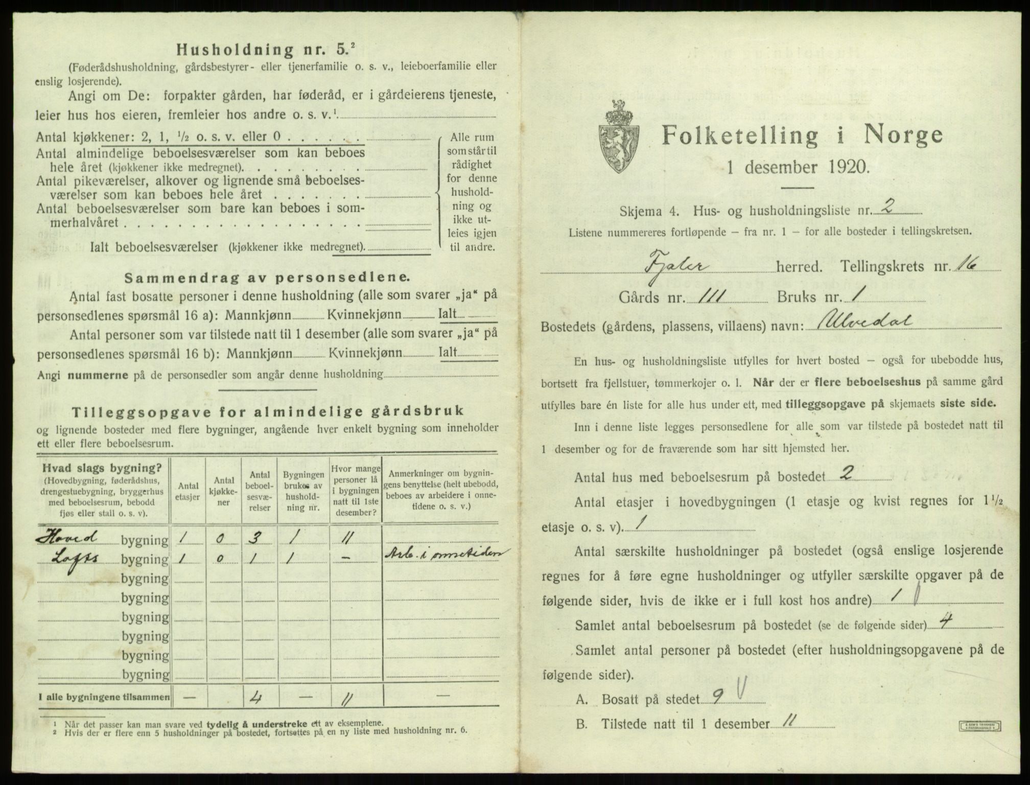 SAB, 1920 census for Fjaler, 1920, p. 1271