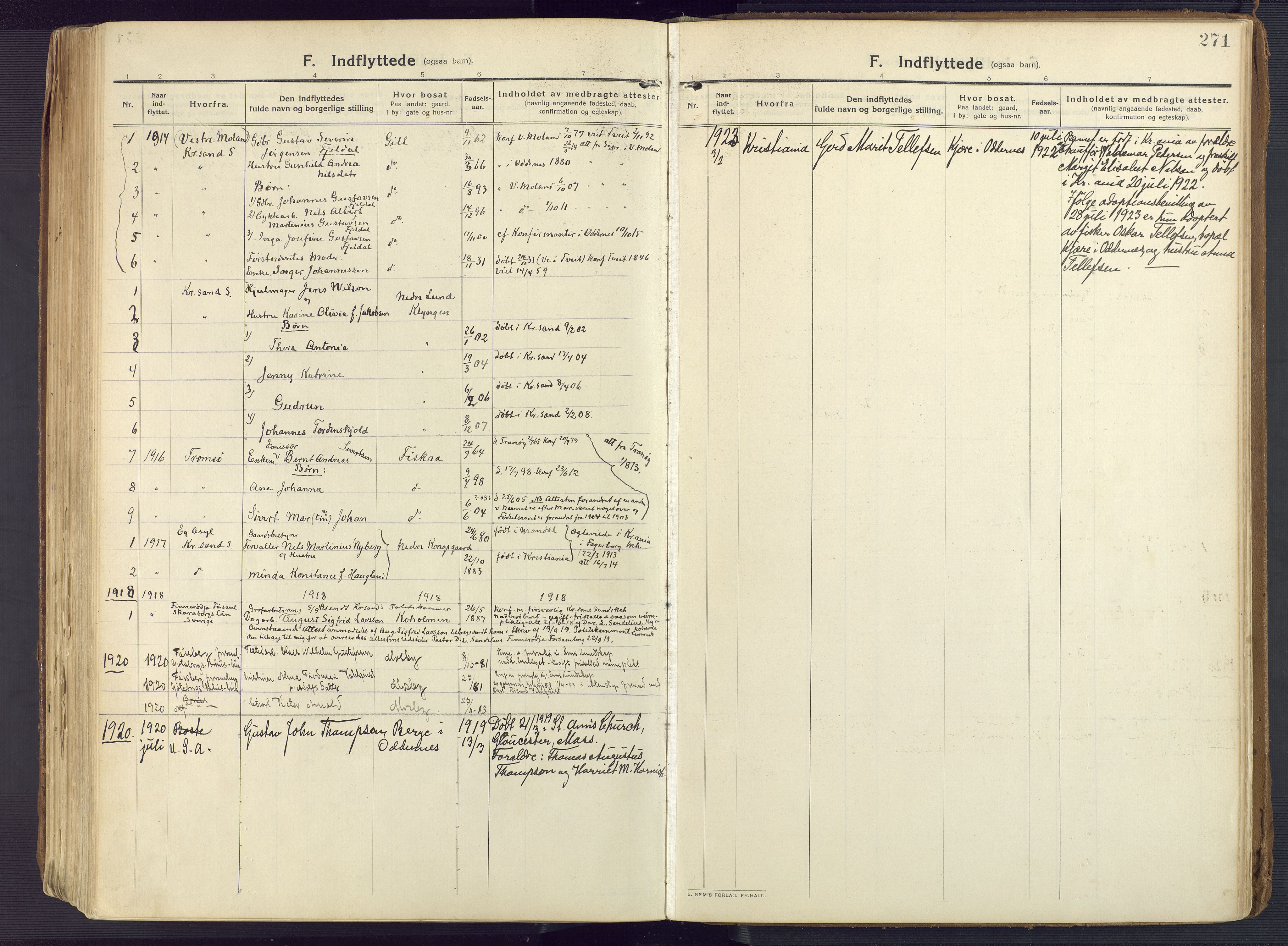 Oddernes sokneprestkontor, AV/SAK-1111-0033/F/Fa/Faa/L0012: Parish register (official) no. A 12, 1912-1925, p. 271