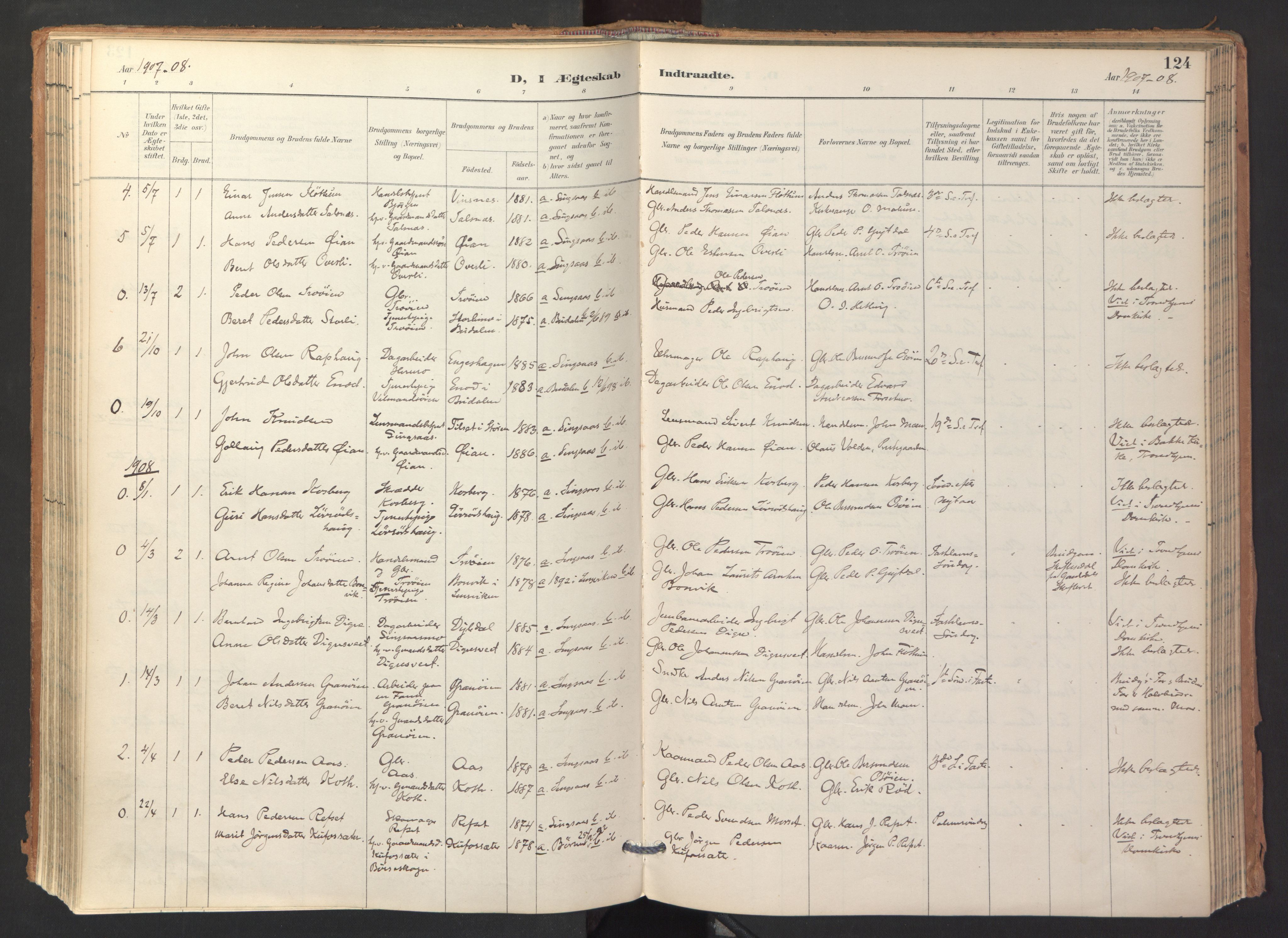 Ministerialprotokoller, klokkerbøker og fødselsregistre - Sør-Trøndelag, SAT/A-1456/688/L1025: Parish register (official) no. 688A02, 1891-1909, p. 124