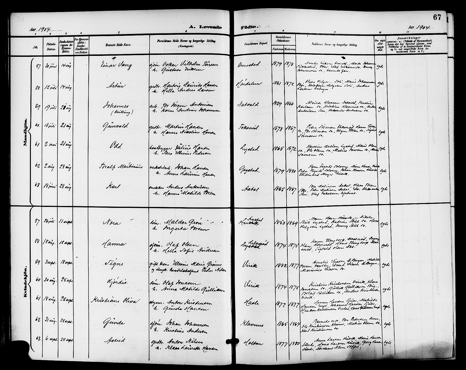 Sandar kirkebøker, AV/SAKO-A-243/G/Ga/L0002: Parish register (copy) no. 2, 1900-1915, p. 67