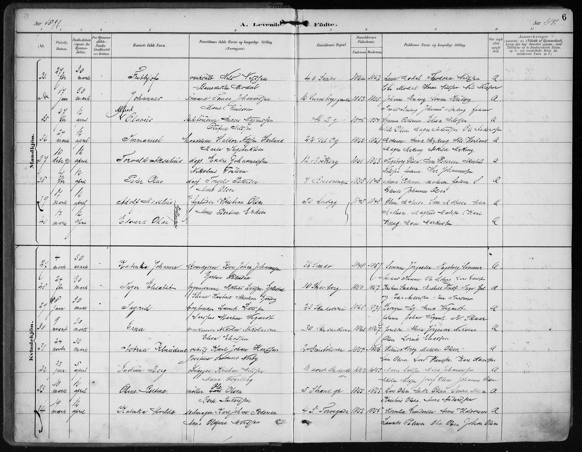 Sandviken Sokneprestembete, AV/SAB-A-77601/H/Ha/L0005: Parish register (official) no. B 2, 1891-1901, p. 6