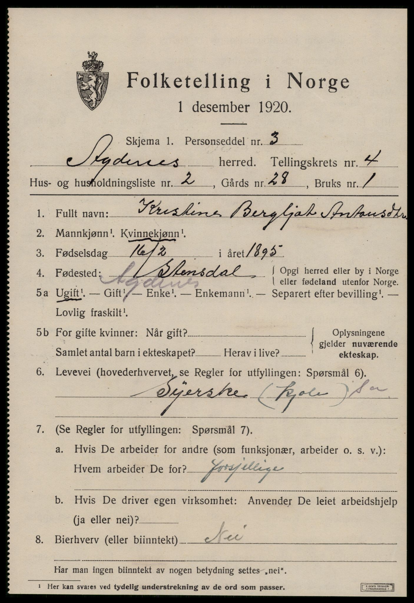 SAT, 1920 census for Agdenes, 1920, p. 2041