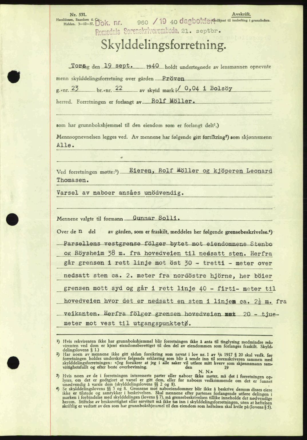 Romsdal sorenskriveri, AV/SAT-A-4149/1/2/2C: Mortgage book no. A8, 1939-1940, Diary no: : 960/1940