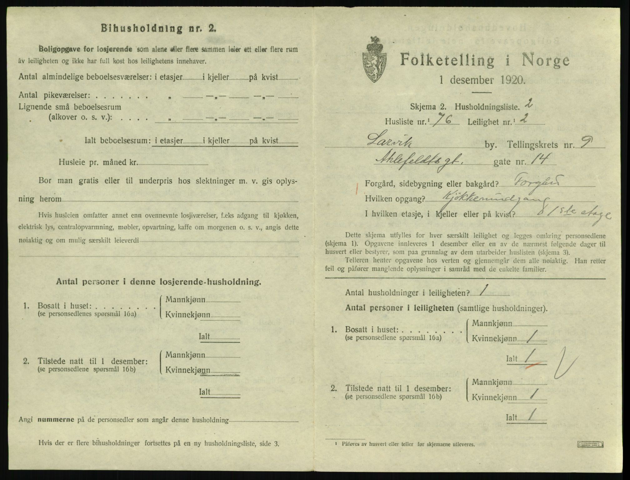 SAKO, 1920 census for Larvik, 1920, p. 7296