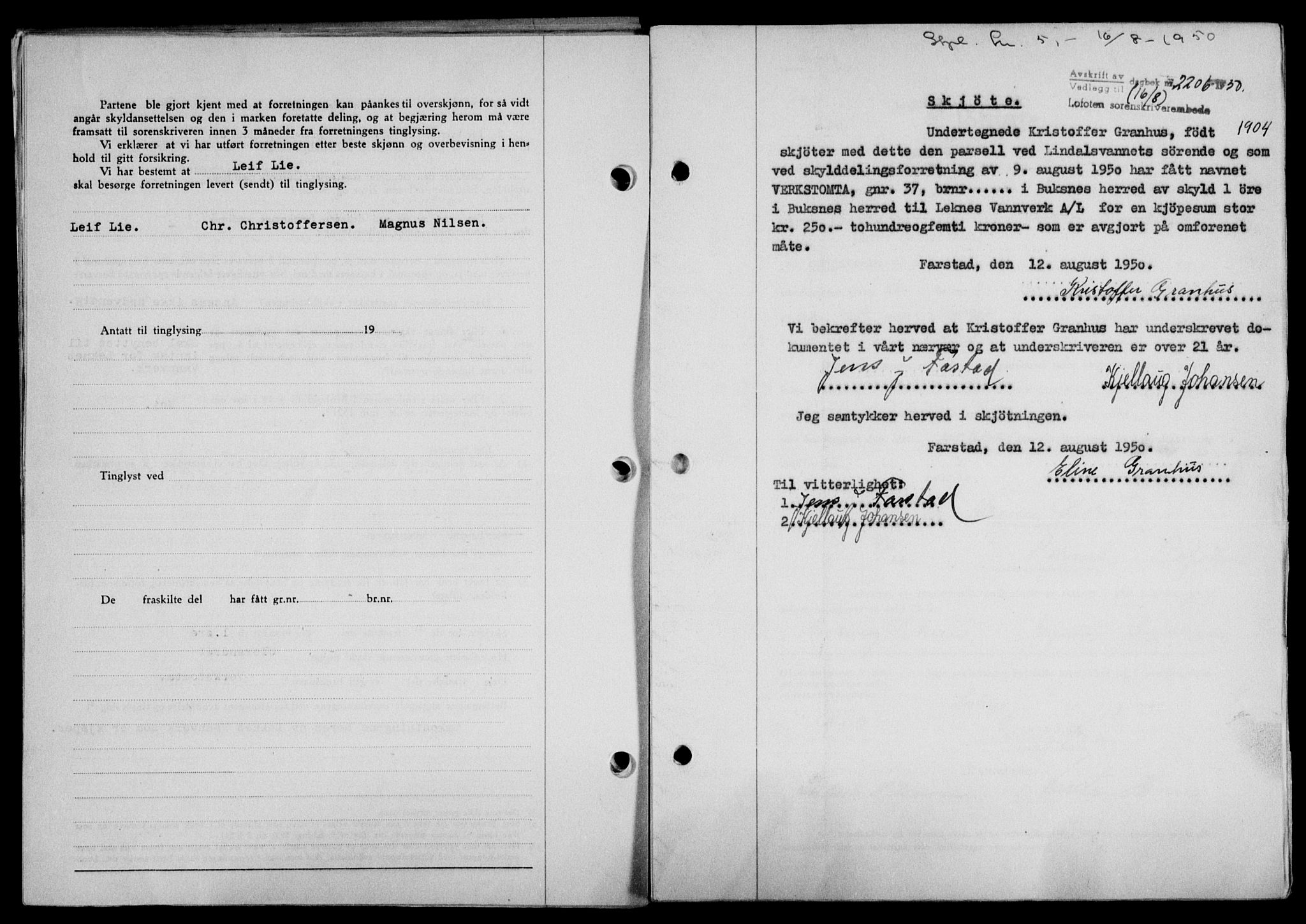 Lofoten sorenskriveri, SAT/A-0017/1/2/2C/L0024a: Mortgage book no. 24a, 1950-1950, Diary no: : 2206/1950
