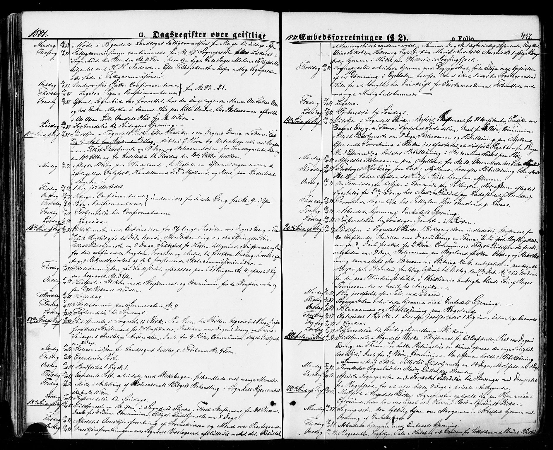 Sokndal sokneprestkontor, AV/SAST-A-101808: Parish register (official) no. A 10, 1874-1886, p. 437