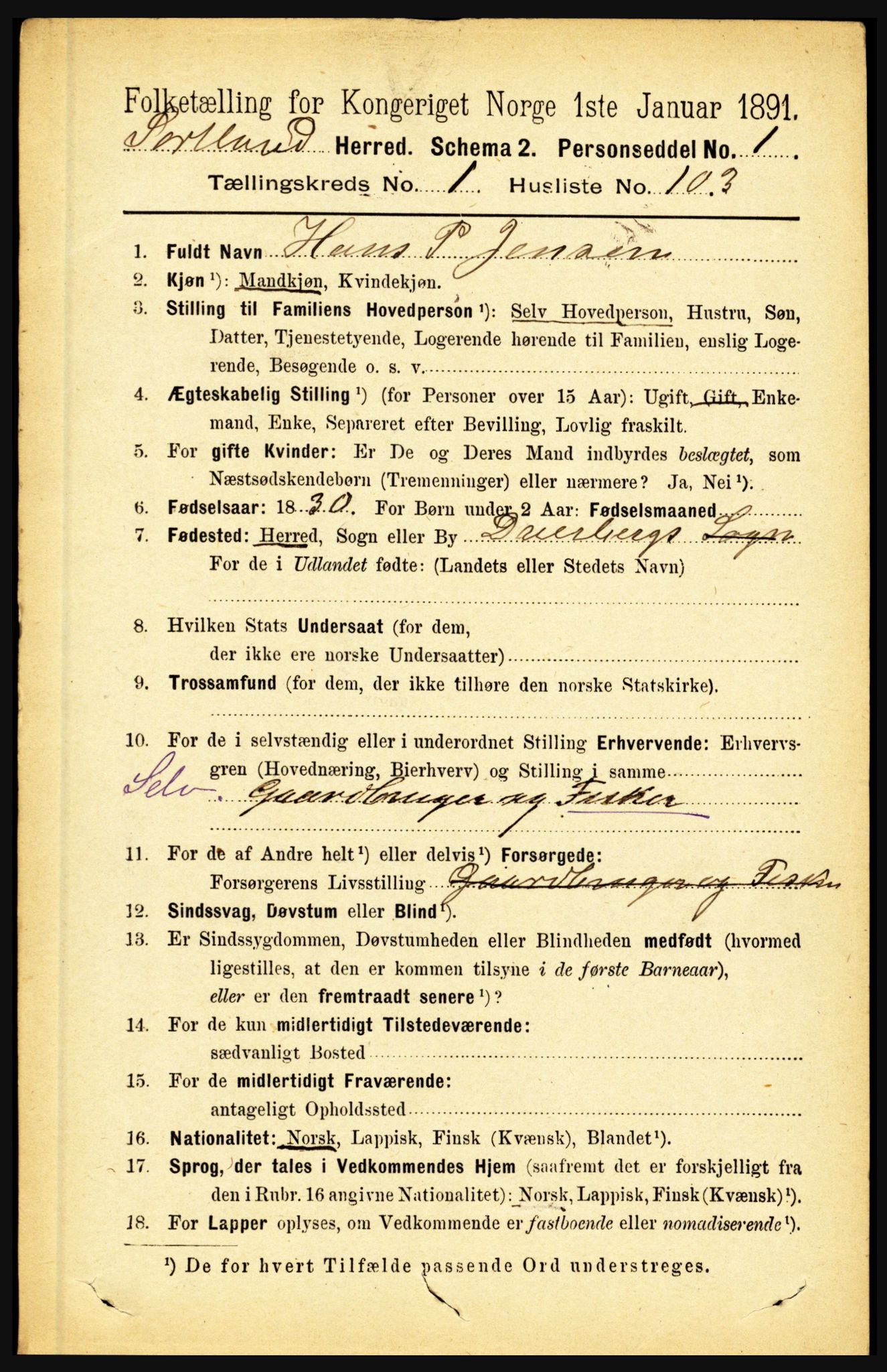 RA, 1891 census for 1870 Sortland, 1891, p. 833