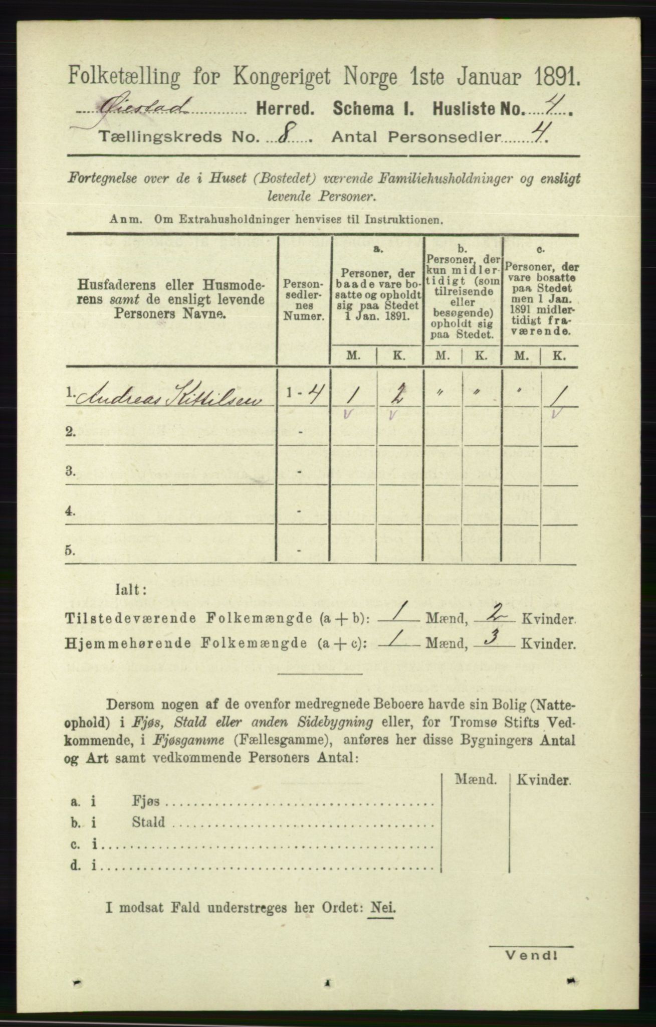 RA, 1891 census for 0920 Øyestad, 1891, p. 3138