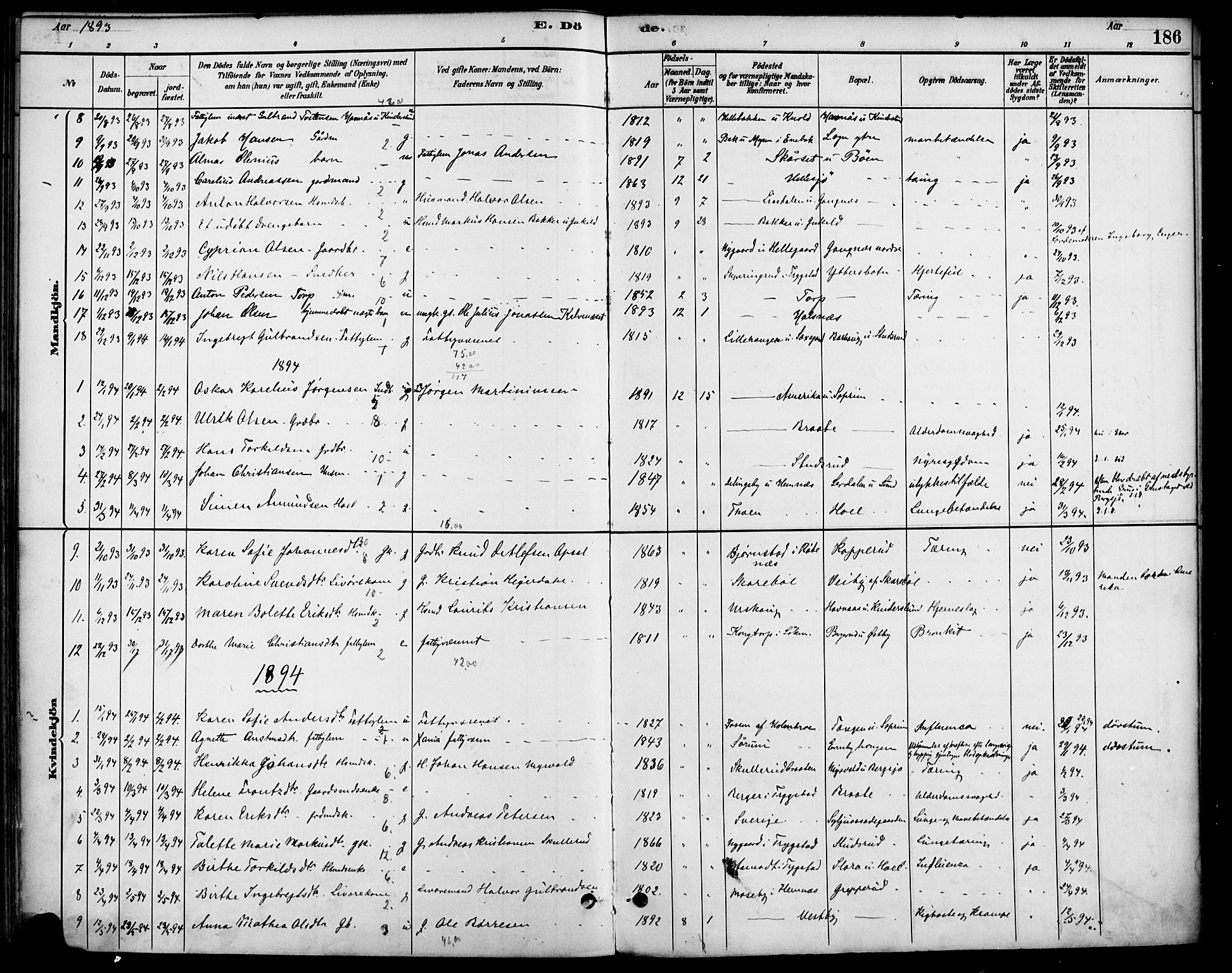 Høland prestekontor Kirkebøker, SAO/A-10346a/F/Fb/L0001: Parish register (official) no. II 1, 1880-1897, p. 186