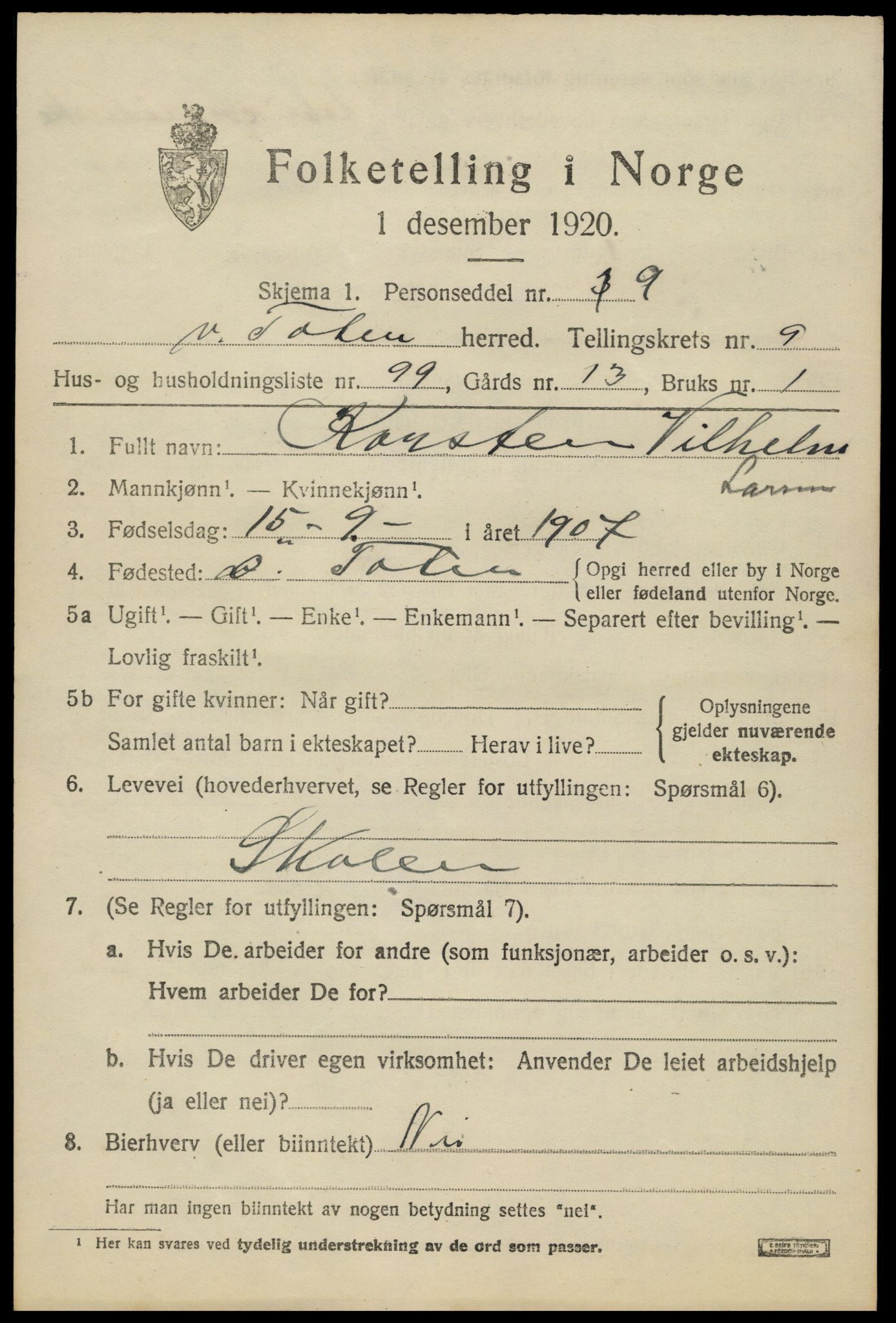 SAH, 1920 census for Vestre Toten, 1920, p. 12830