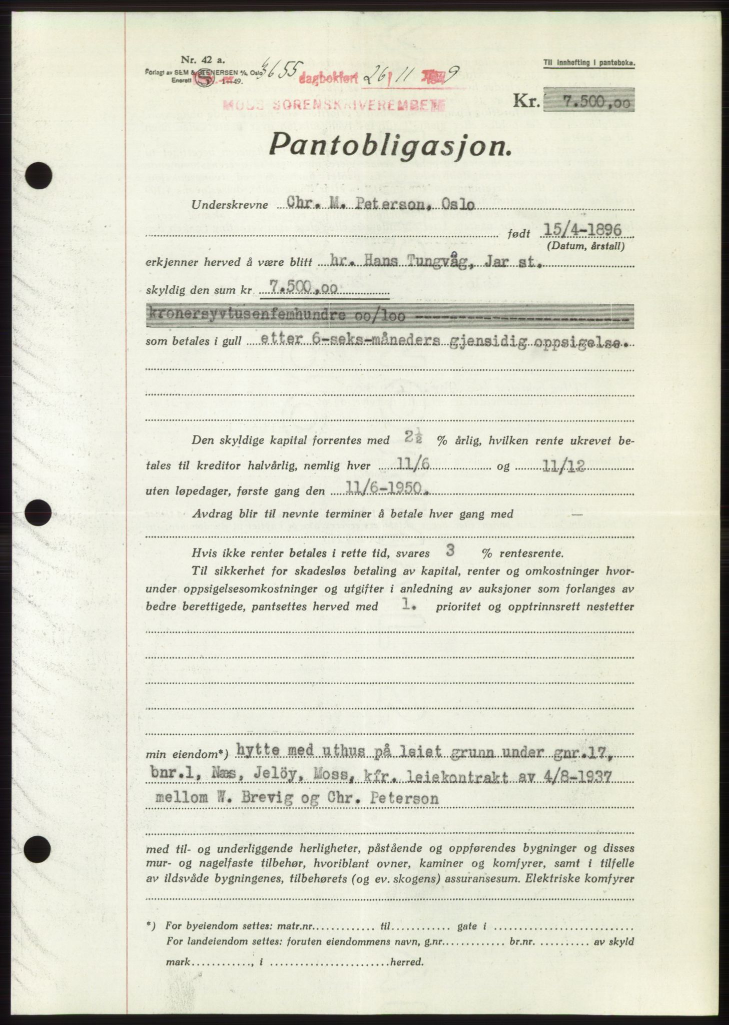 Moss sorenskriveri, SAO/A-10168: Mortgage book no. B23, 1949-1950, Diary no: : 3655/1949