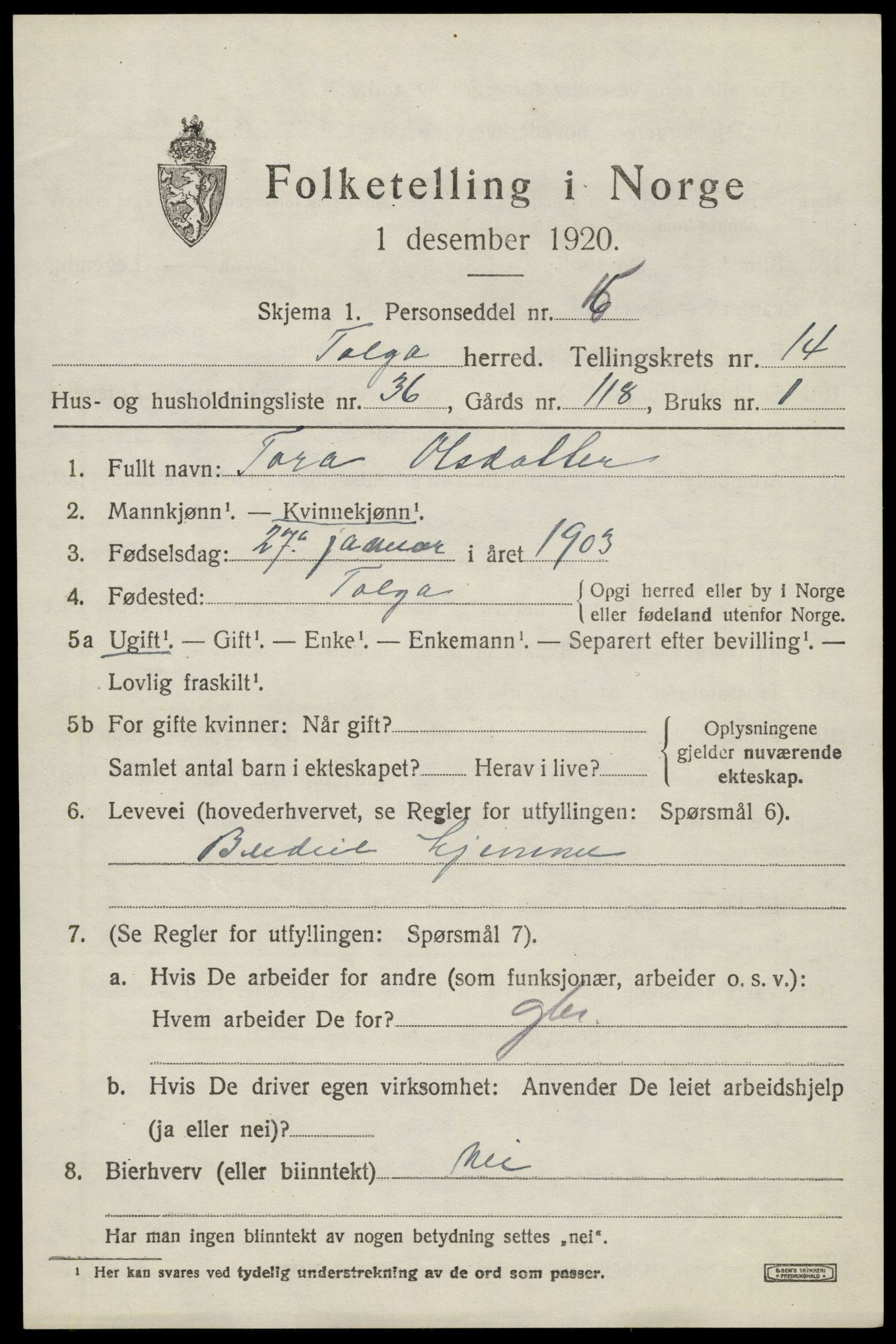 SAH, 1920 census for Tolga, 1920, p. 6673