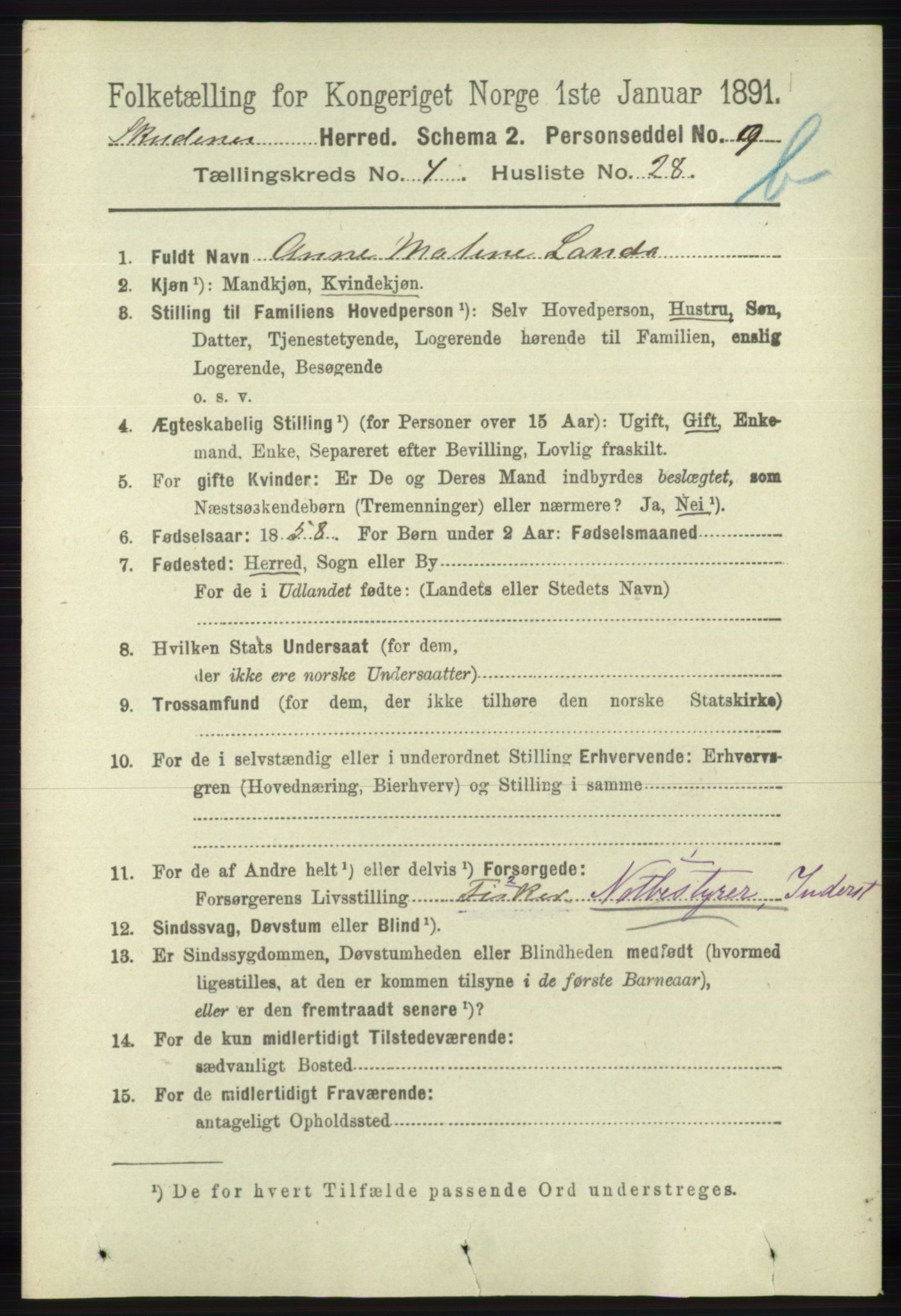 RA, 1891 census for 1150 Skudenes, 1891, p. 4682