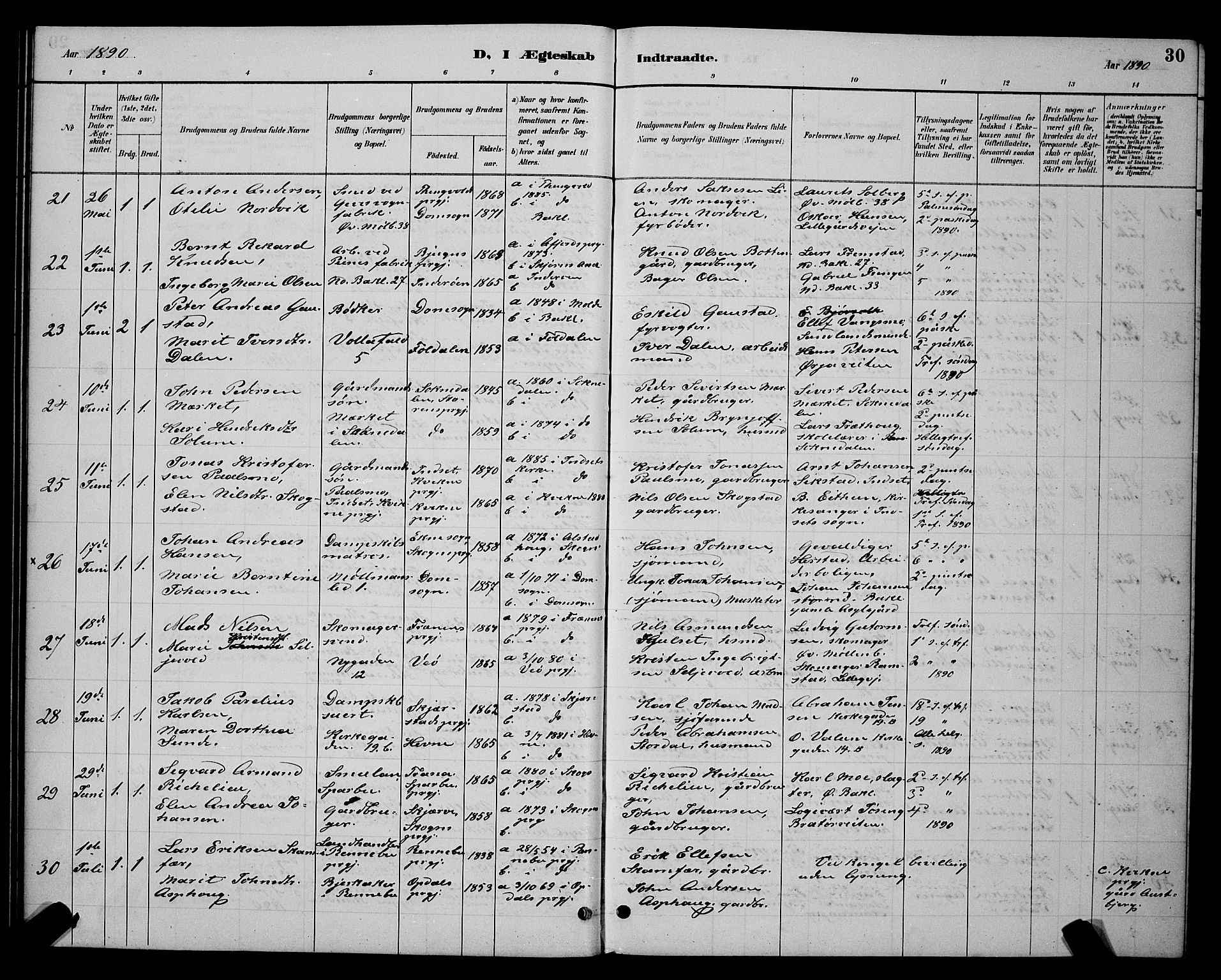 Ministerialprotokoller, klokkerbøker og fødselsregistre - Sør-Trøndelag, AV/SAT-A-1456/604/L0223: Parish register (copy) no. 604C06, 1886-1897, p. 30