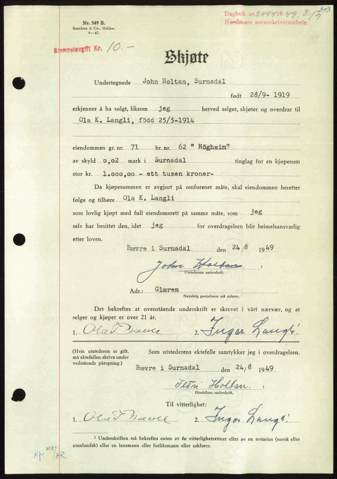 Nordmøre sorenskriveri, AV/SAT-A-4132/1/2/2Ca: Mortgage book no. A112, 1949-1949, Diary no: : 2444/1949