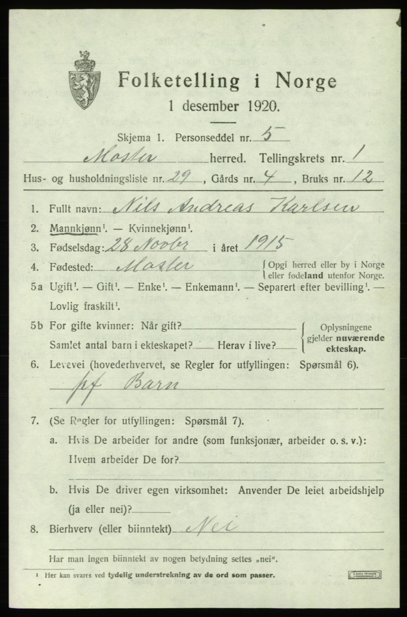 SAB, 1920 census for Moster, 1920, p. 801