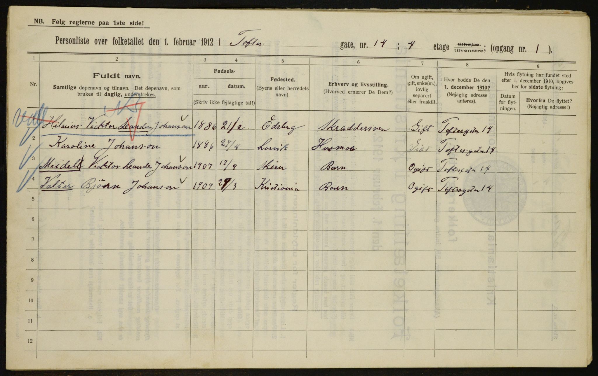 OBA, Municipal Census 1912 for Kristiania, 1912, p. 111524