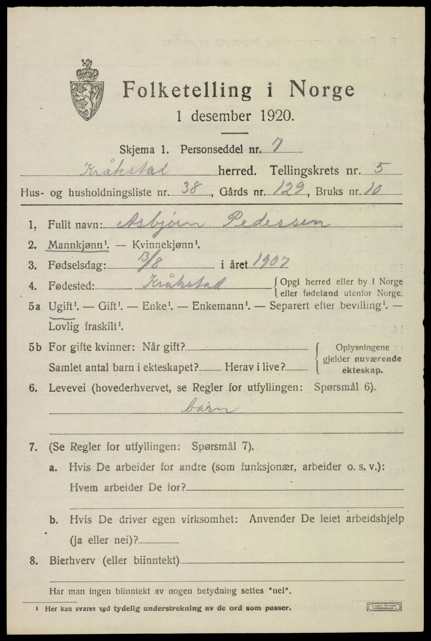 SAO, 1920 census for Kråkstad, 1920, p. 5413