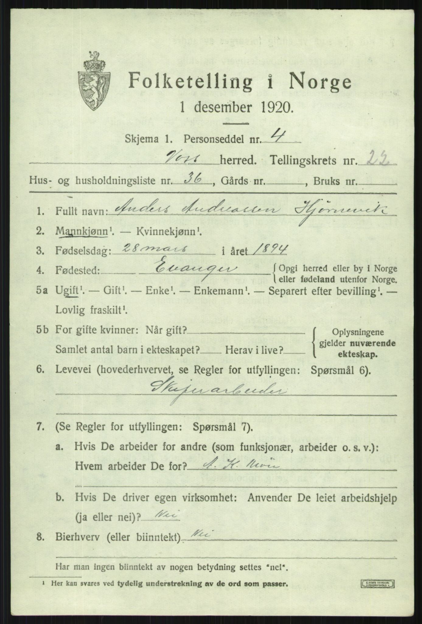 SAB, 1920 census for Voss, 1920, p. 15623