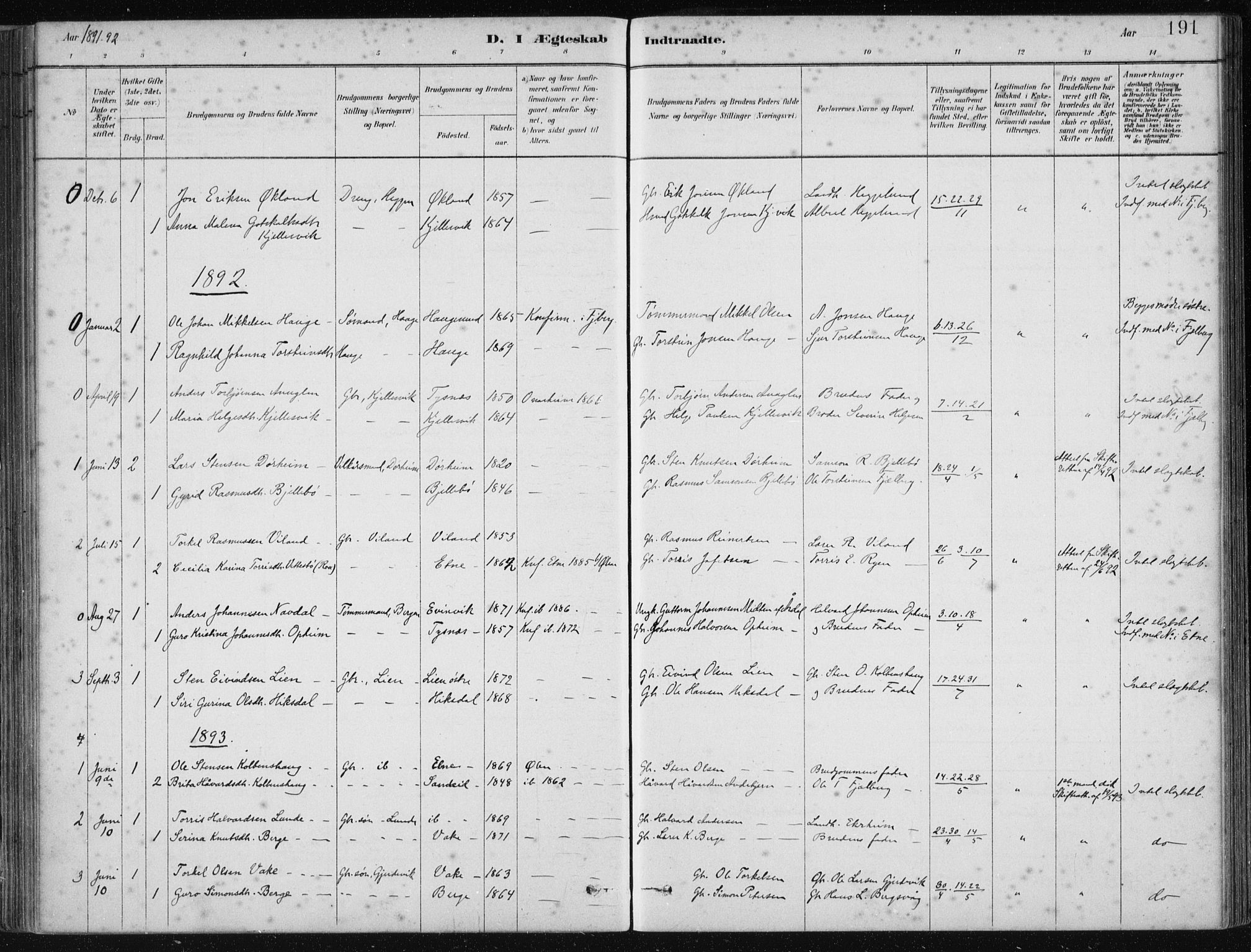 Fjelberg sokneprestembete, SAB/A-75201/H/Haa: Parish register (official) no. D 1, 1879-1918, p. 191