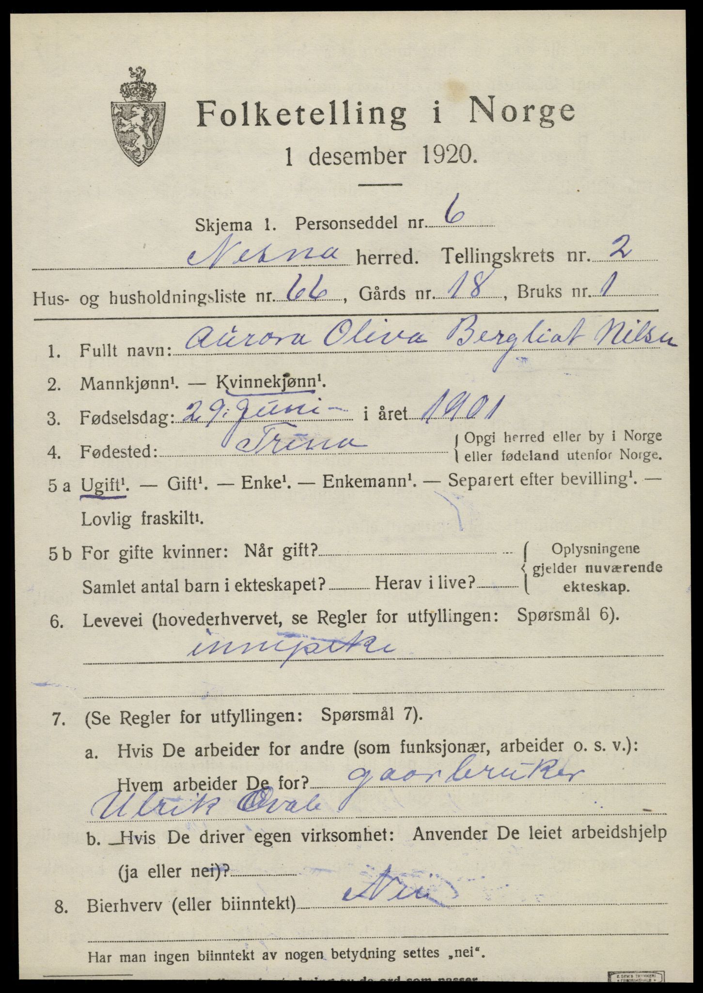 SAT, 1920 census for Nesna, 1920, p. 2465