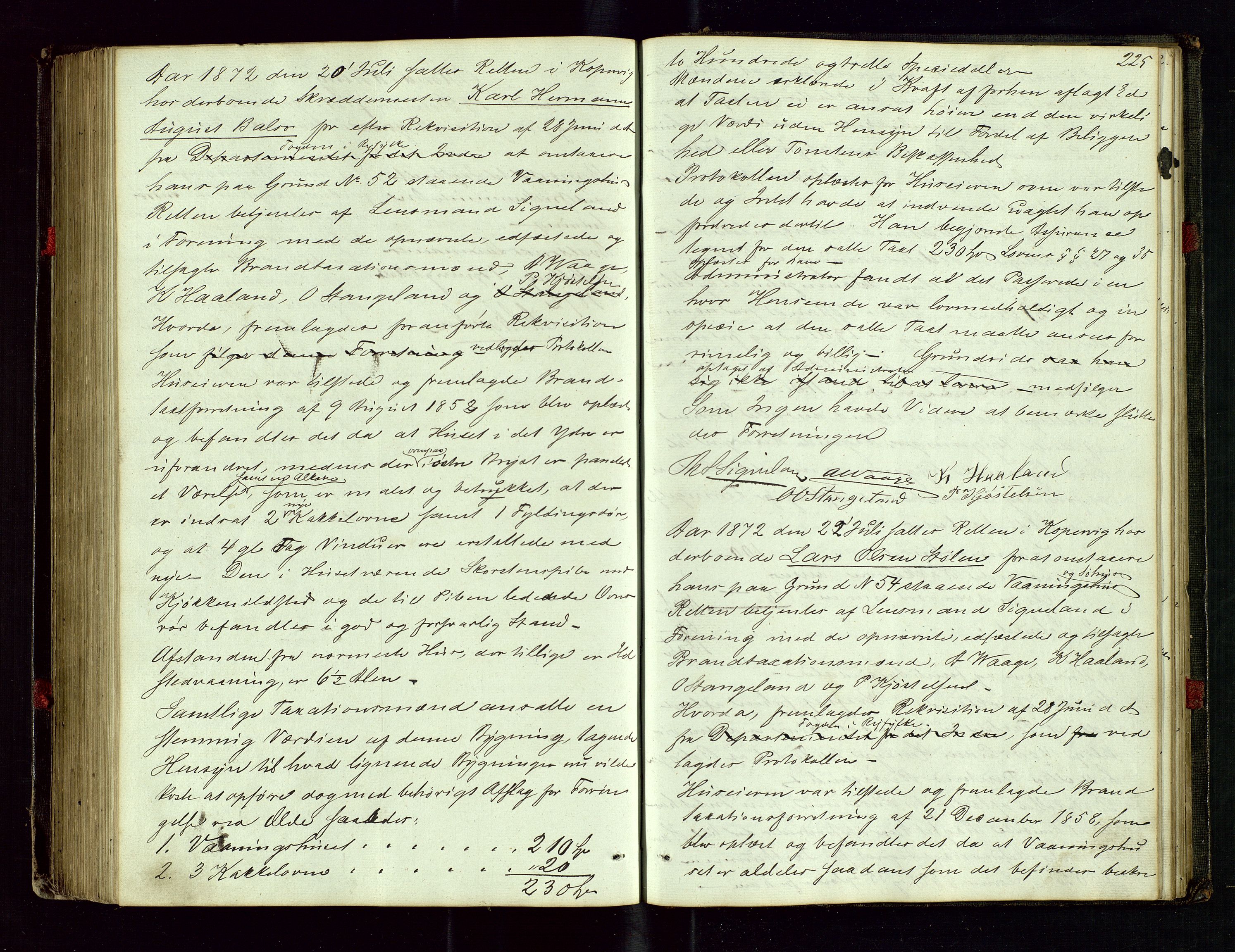 Avaldsnes lensmannskontor, SAST/A-100286/Goa/L0001: "Brandtaxations-Protocol", 1846-1872, p. 224b-225a