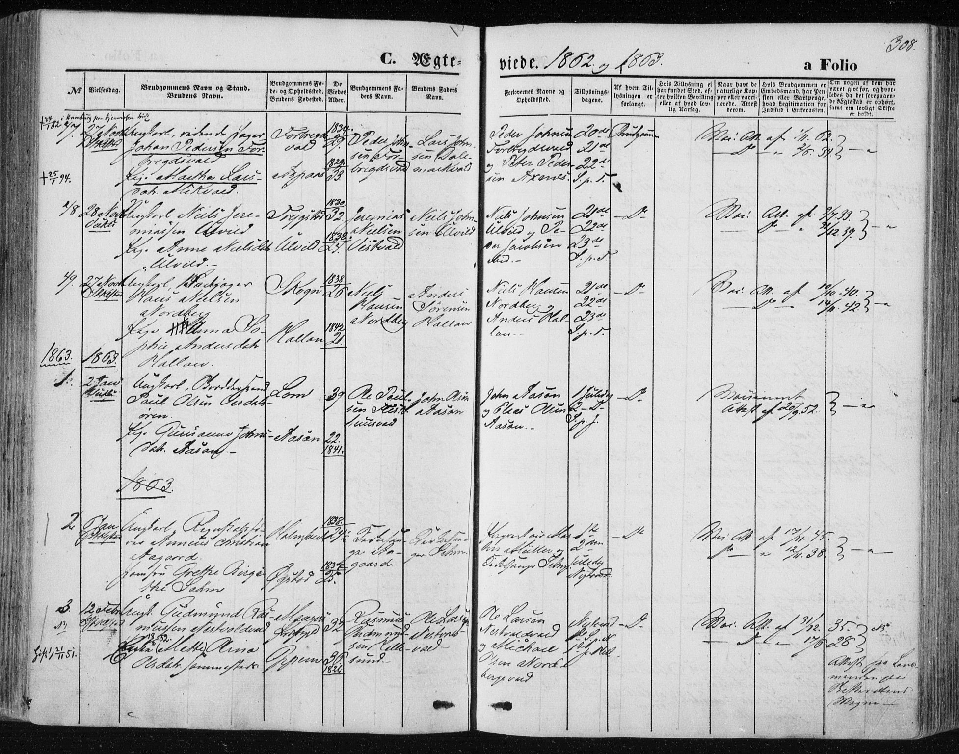 Ministerialprotokoller, klokkerbøker og fødselsregistre - Nord-Trøndelag, SAT/A-1458/723/L0241: Parish register (official) no. 723A10, 1860-1869, p. 308