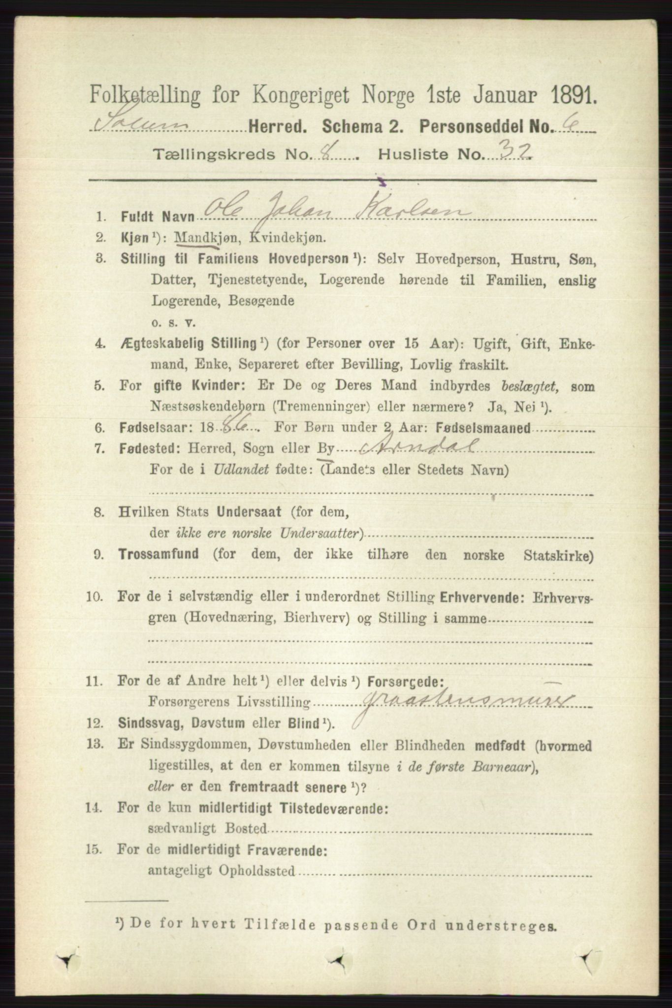 RA, 1891 census for 0818 Solum, 1891, p. 4311