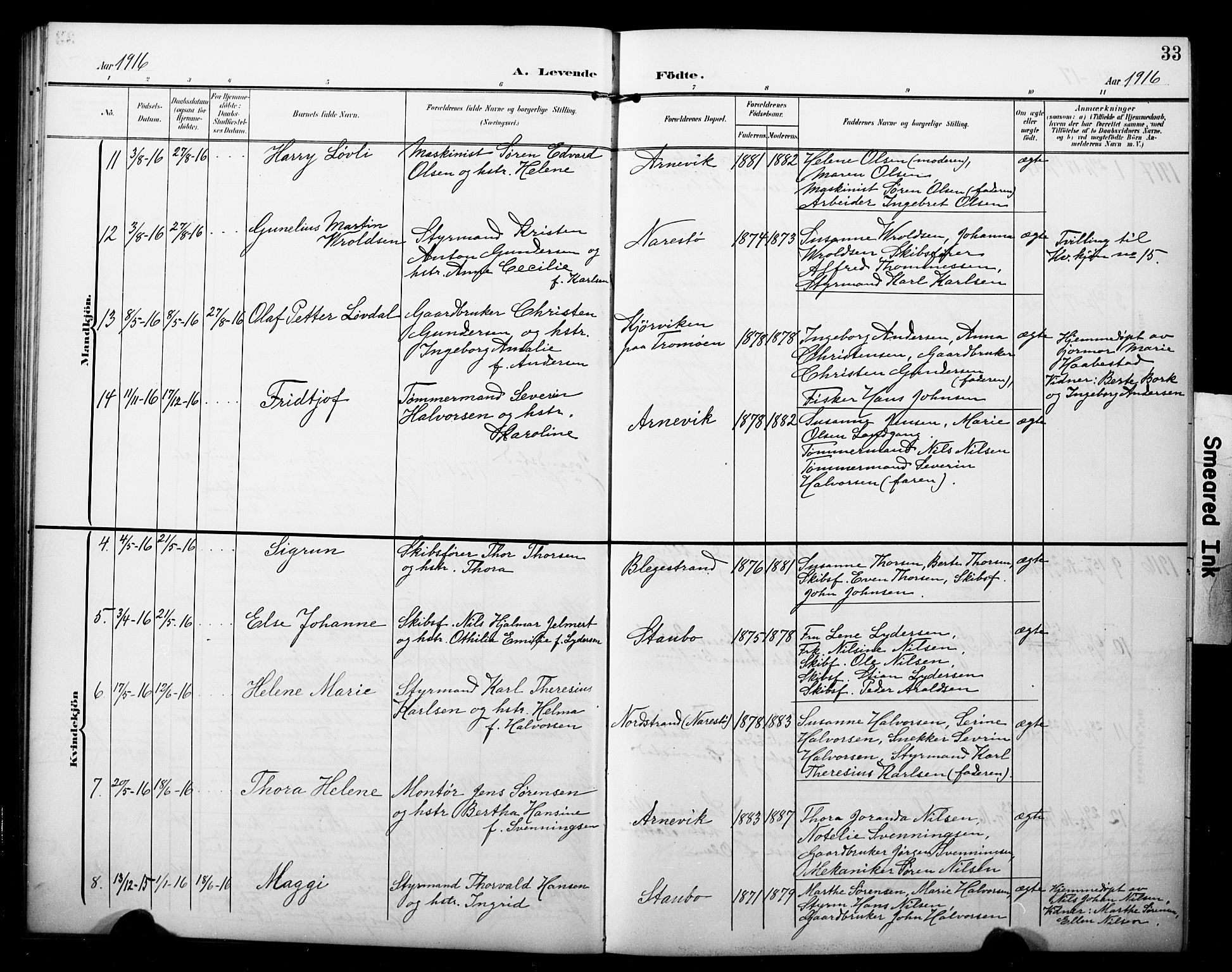 Dypvåg sokneprestkontor, AV/SAK-1111-0007/F/Fb/Fbb/L0005: Parish register (copy) no. B 5, 1905-1924, p. 33