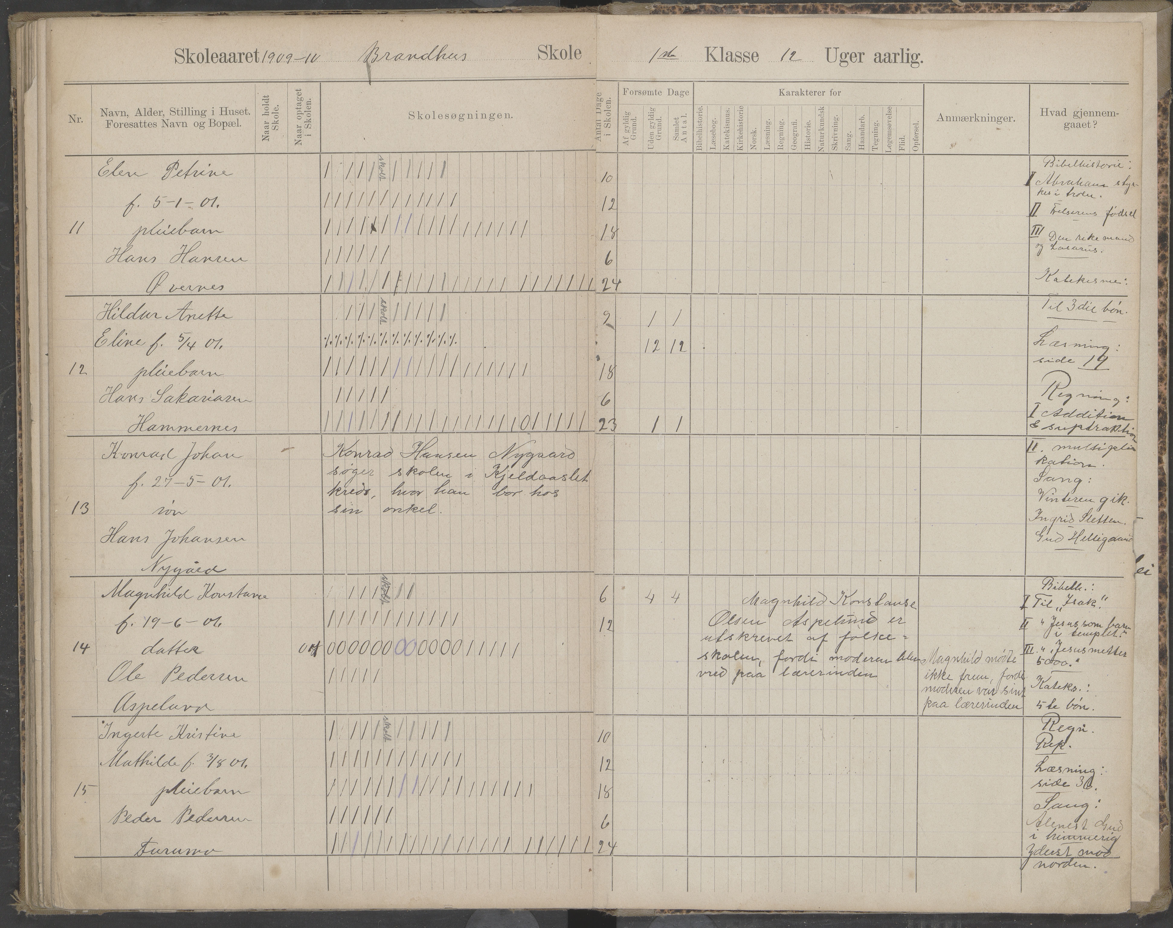 Beiarn kommune. Brandhei skolekrets, AIN/K-18390.510.03/442/L0003: Karakter/oversiktsprotokoll, 1893-1910