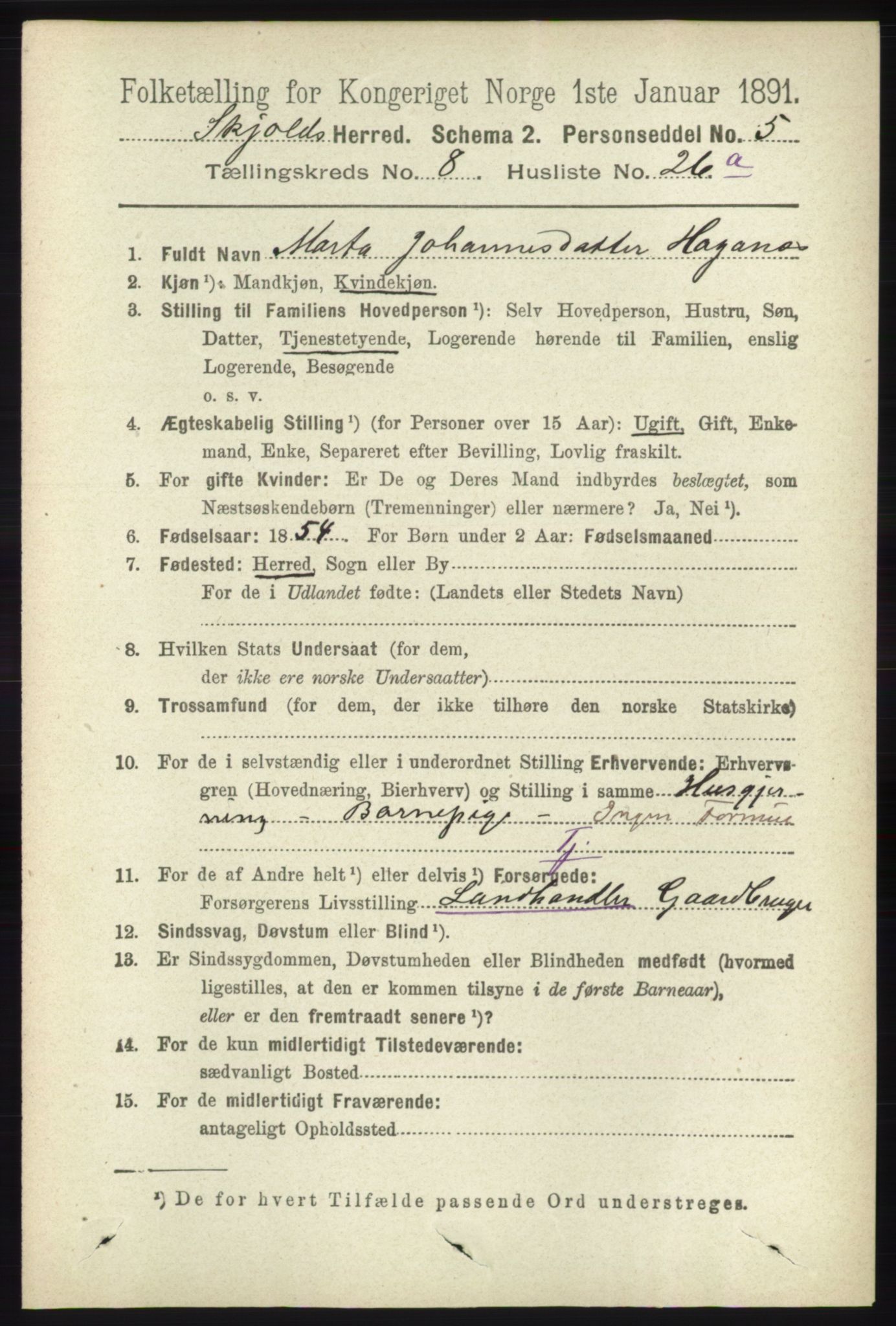 RA, 1891 census for 1154 Skjold, 1891, p. 1740