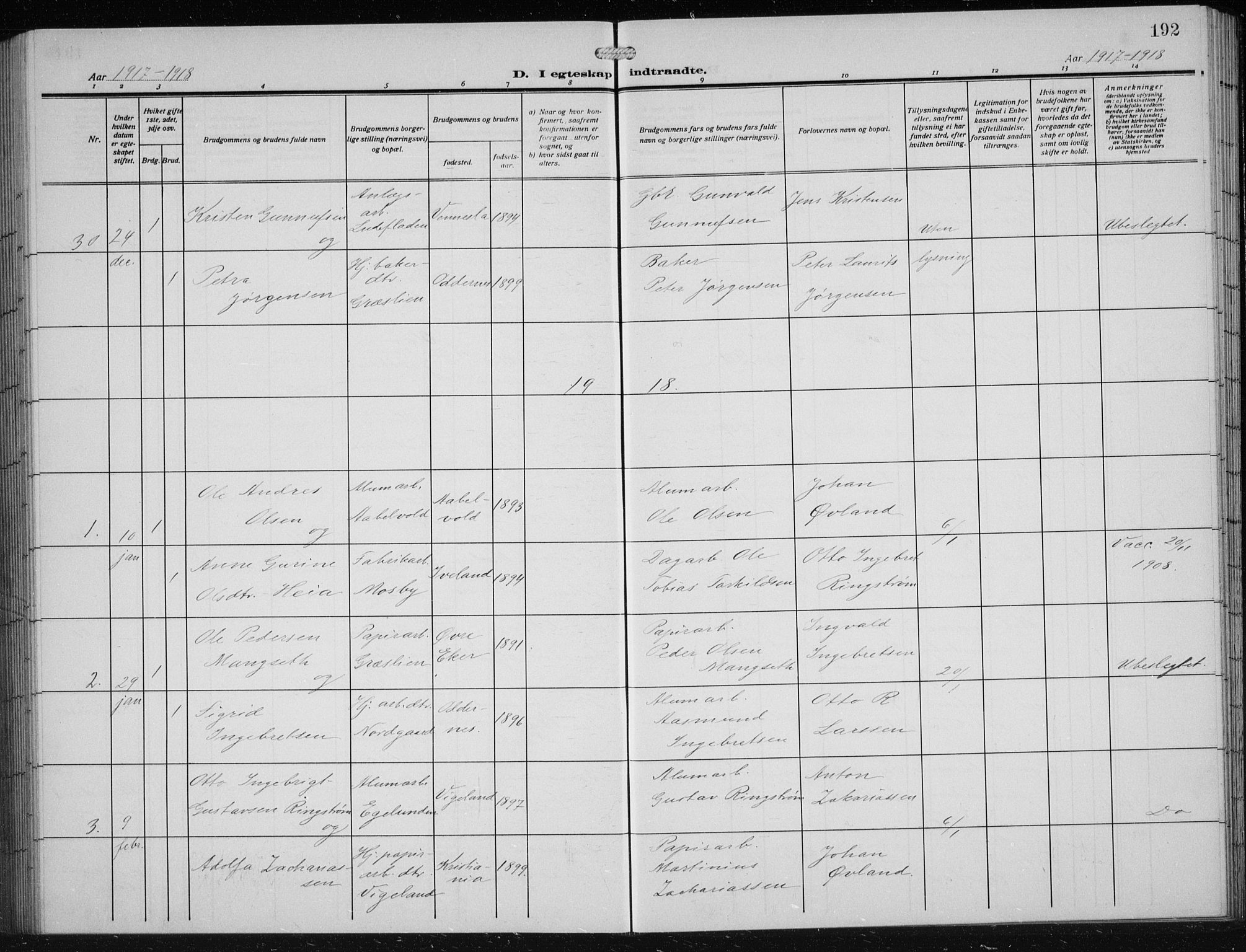 Vennesla sokneprestkontor, AV/SAK-1111-0045/Fb/Fbb/L0006: Parish register (copy) no. B 6, 1914-1921, p. 192