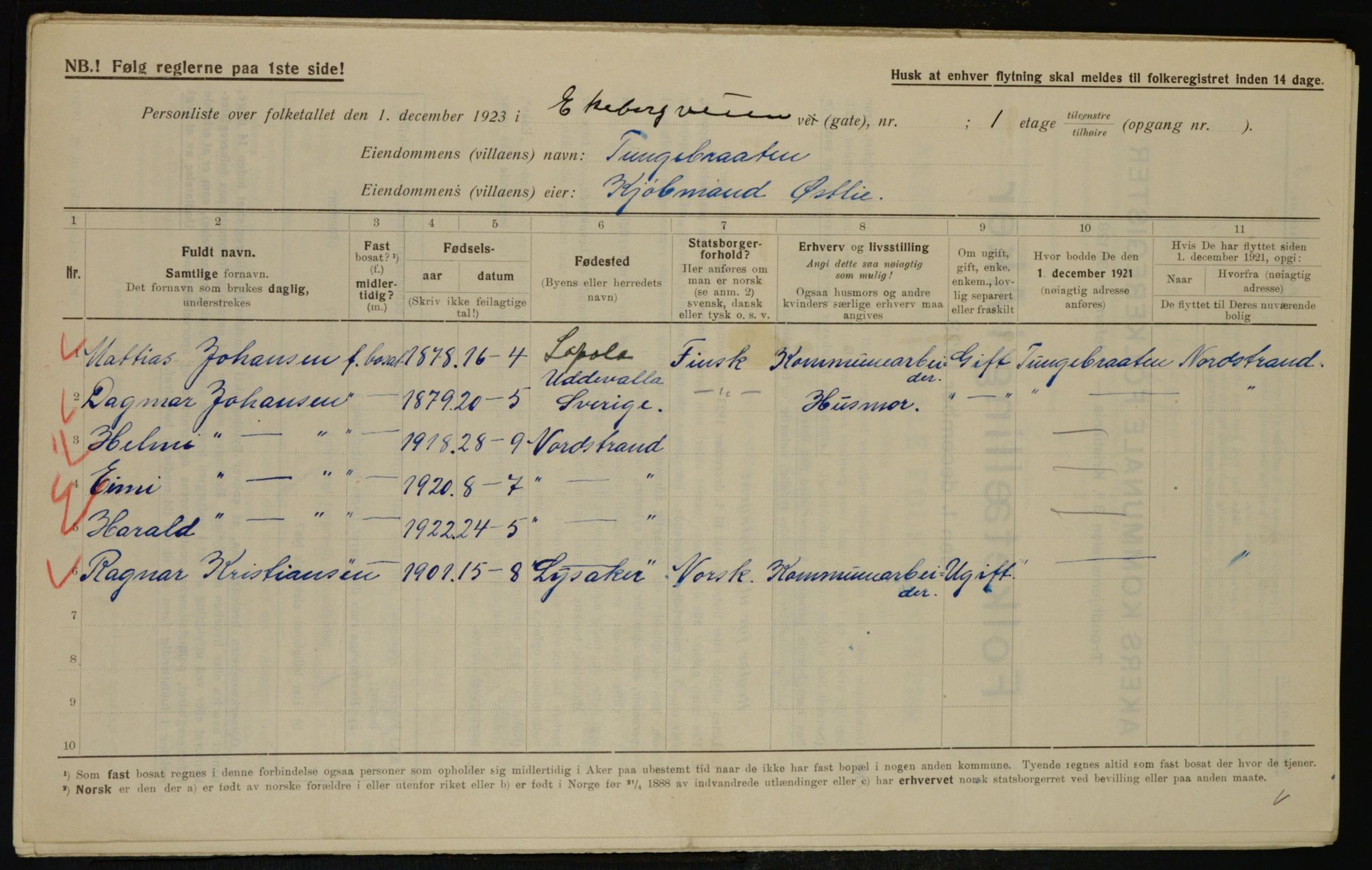 , Municipal Census 1923 for Aker, 1923, p. 38075