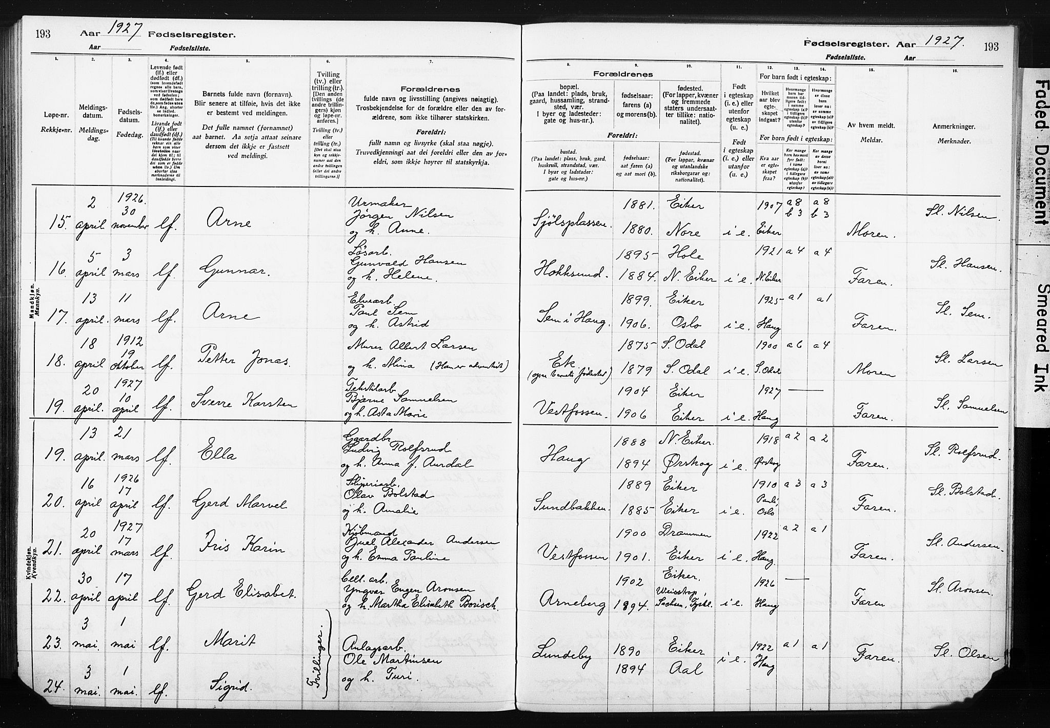 Eiker kirkebøker, AV/SAKO-A-4/J/Ja/L0001: Birth register no. I 1, 1916-1927, p. 193