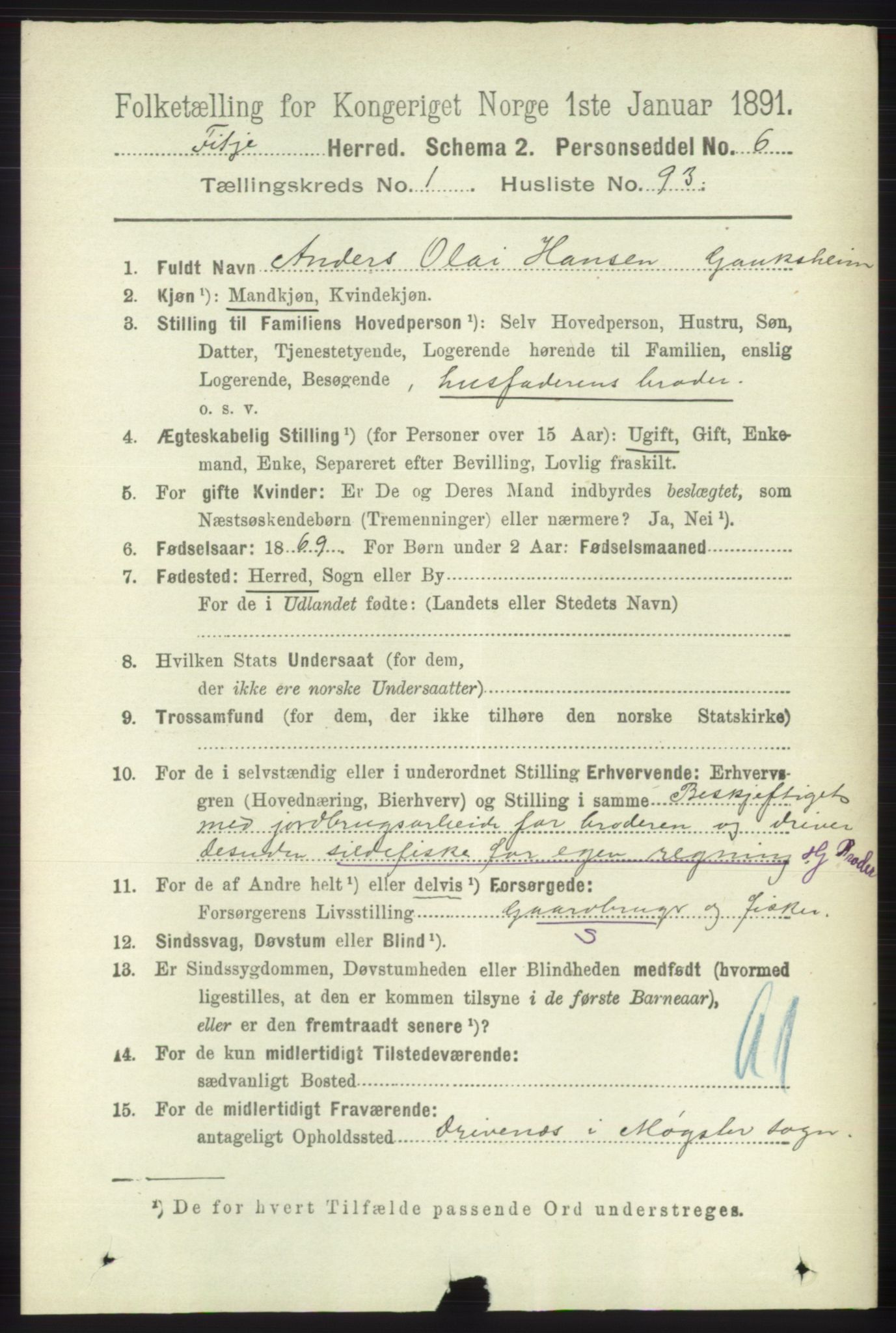 RA, 1891 census for 1222 Fitjar, 1891, p. 575