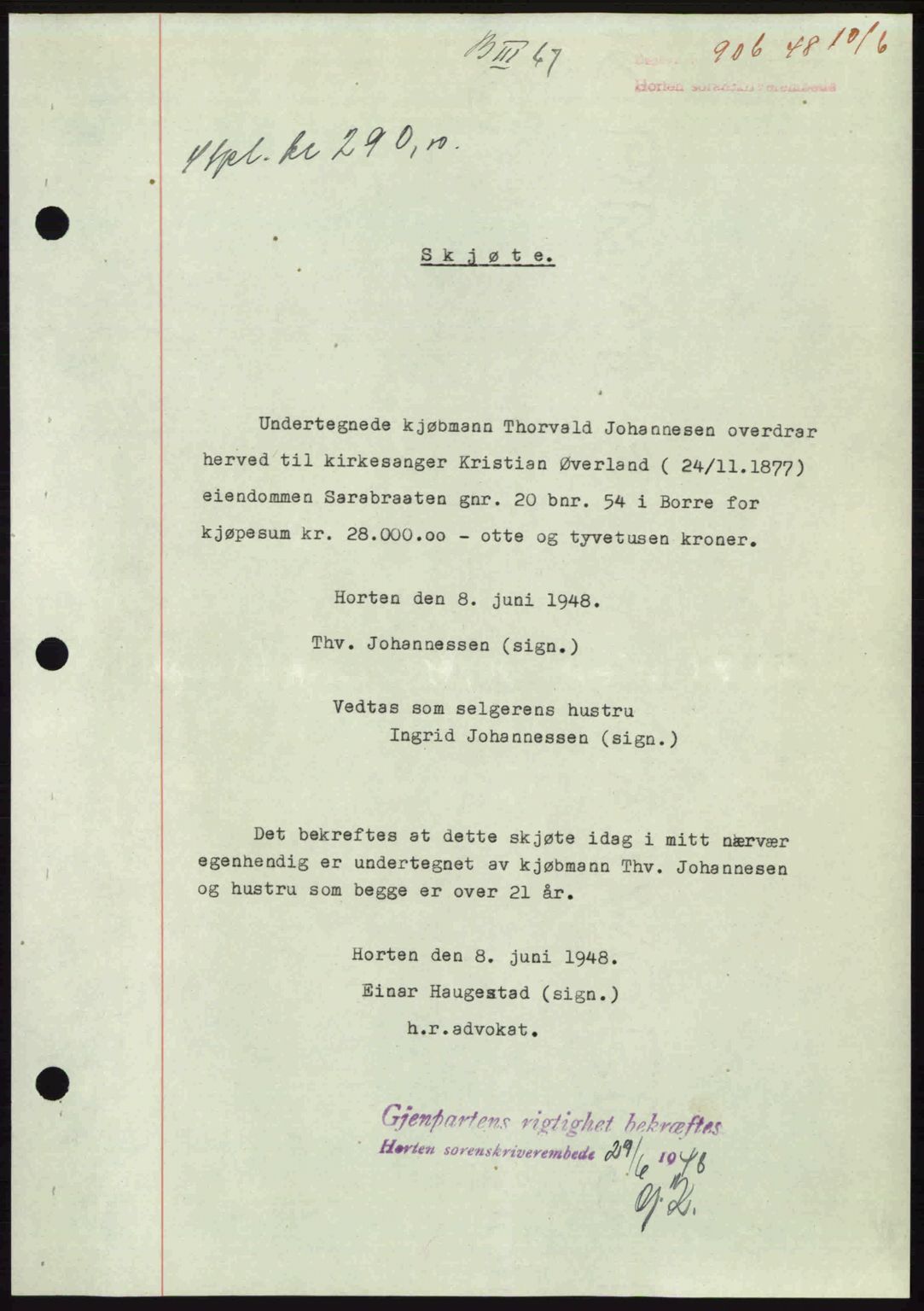 Horten sorenskriveri, AV/SAKO-A-133/G/Ga/Gaa/L0010: Mortgage book no. A-10, 1947-1948, Diary no: : 906/1948