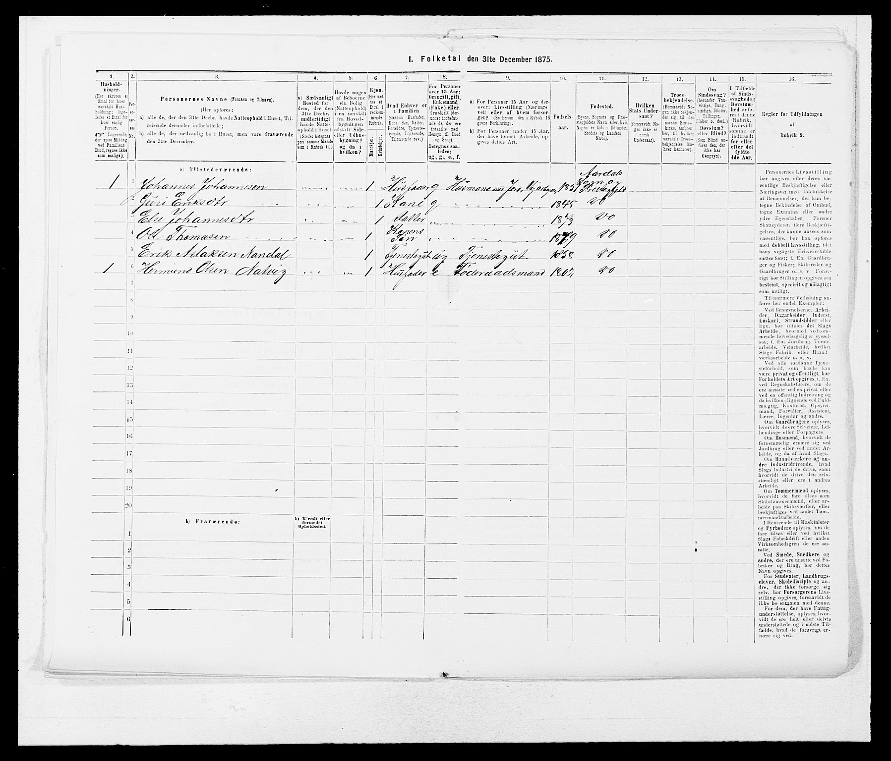 SAB, 1875 census for 1424P Årdal, 1875, p. 18