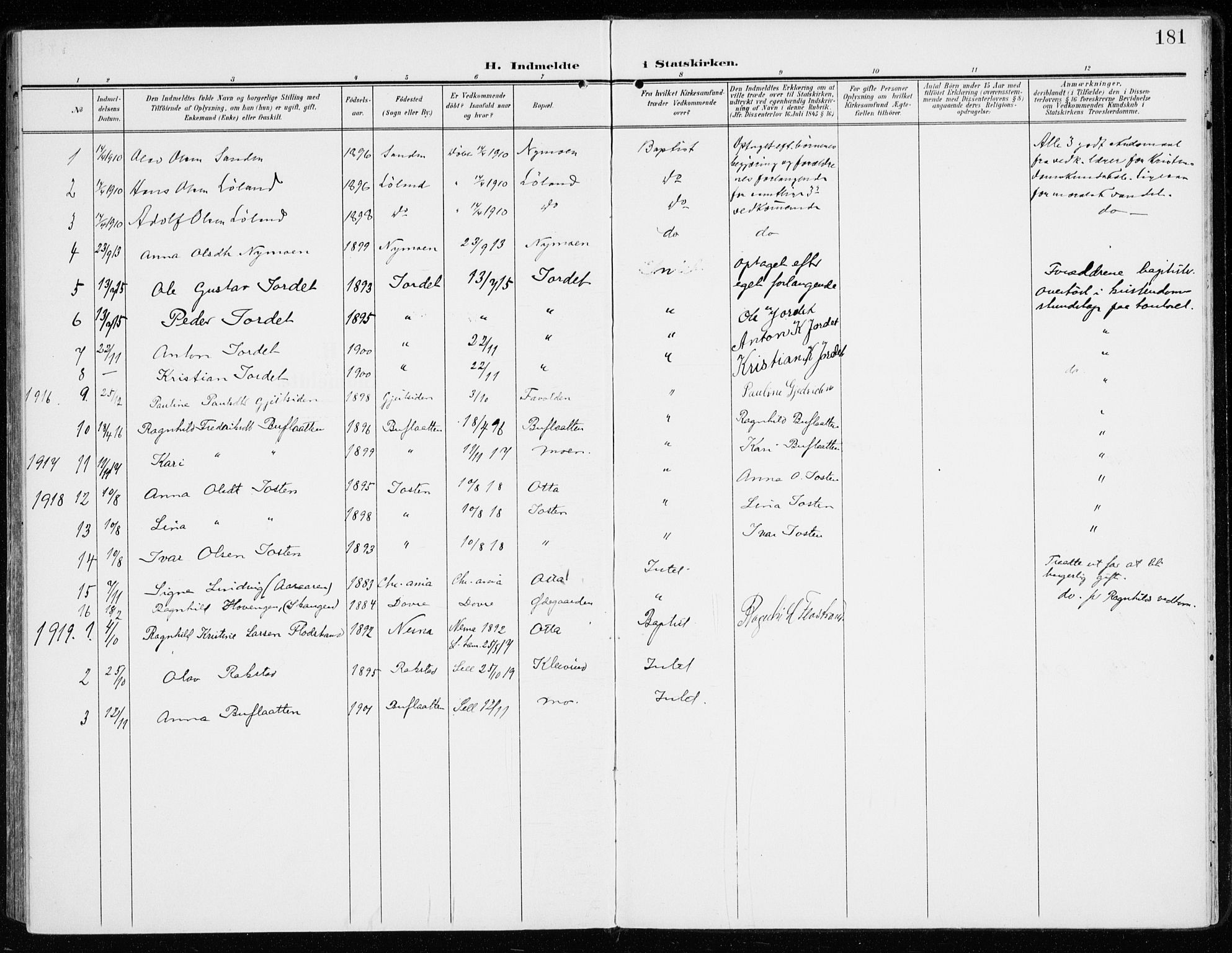 Sel prestekontor, SAH/PREST-074/H/Ha/Haa/L0002: Parish register (official) no. 2, 1905-1919, p. 181