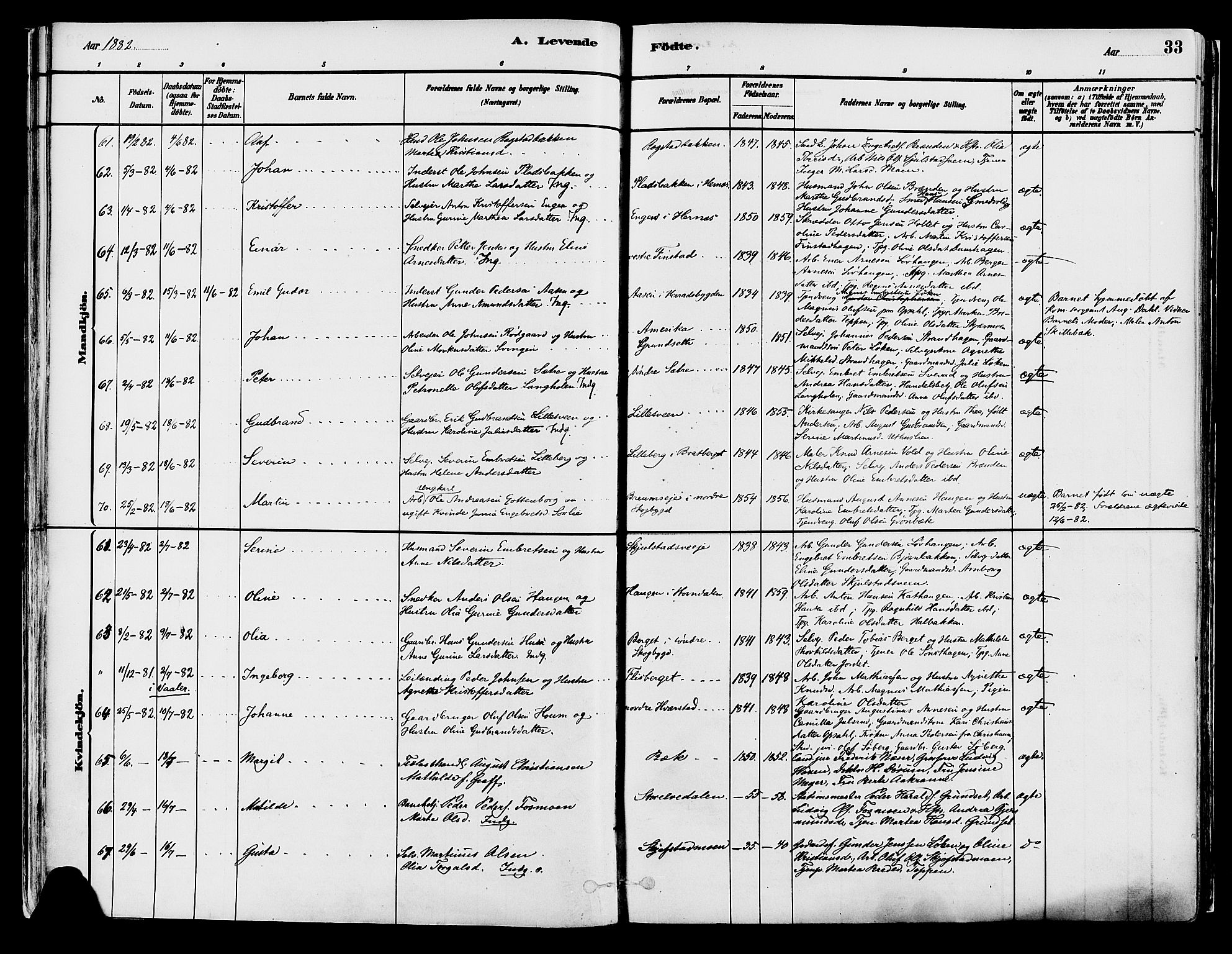 Elverum prestekontor, AV/SAH-PREST-044/H/Ha/Haa/L0013: Parish register (official) no. 13, 1880-1890, p. 33