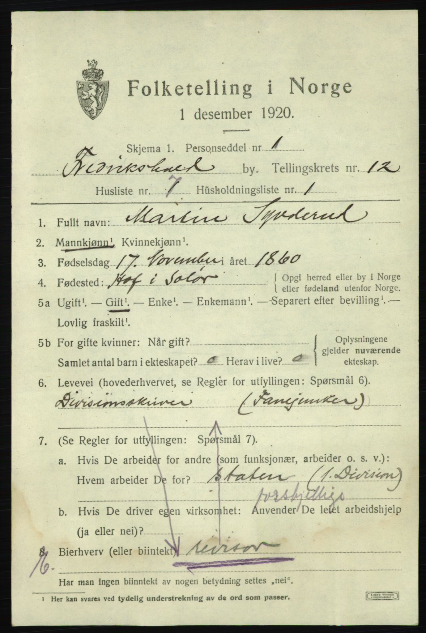SAO, 1920 census for Fredrikshald, 1920, p. 20029